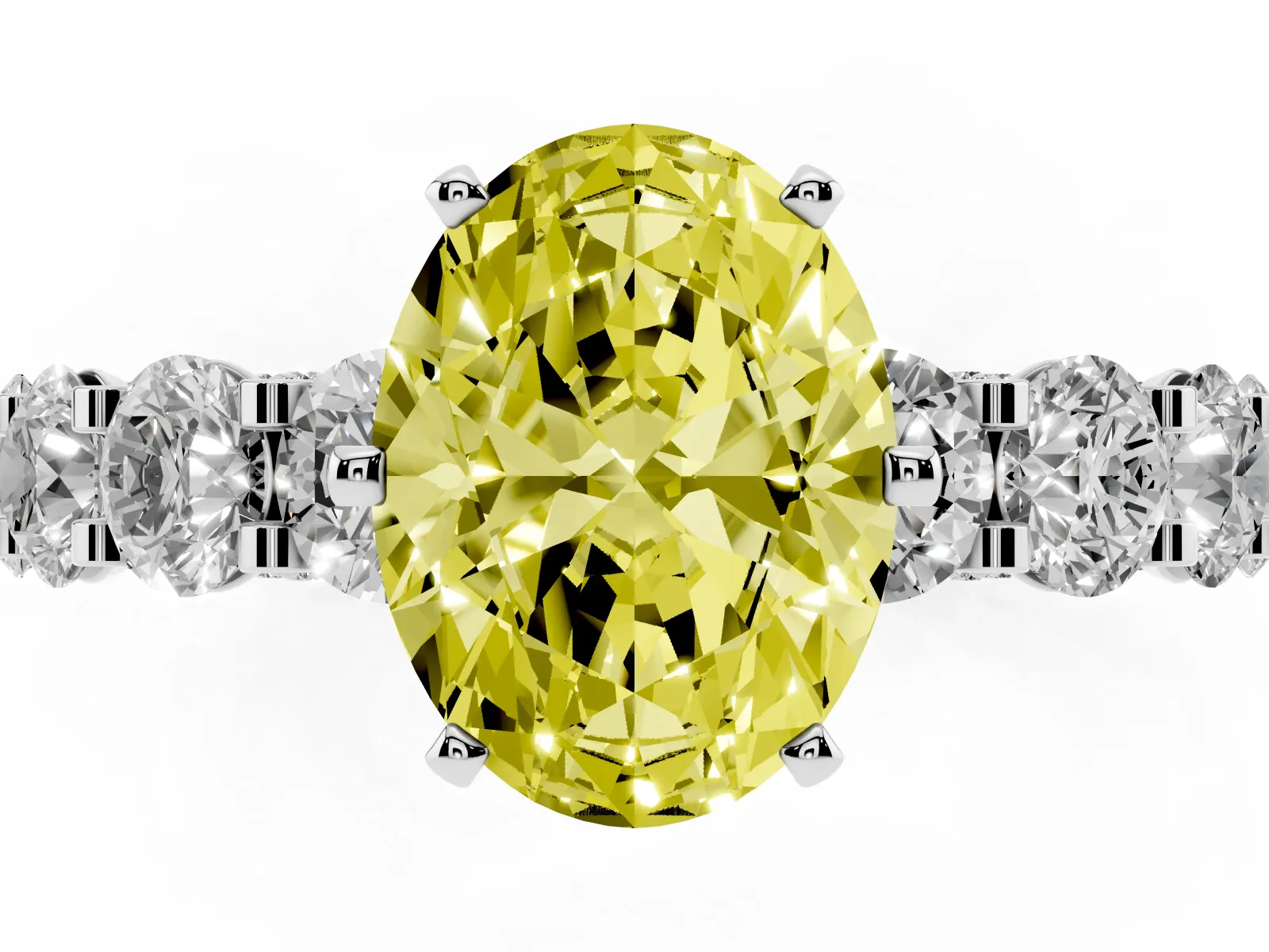 Fancy Yellow Oval Cut Diamond Side Stone Engagement Ring with Four-Prong Setting White gold