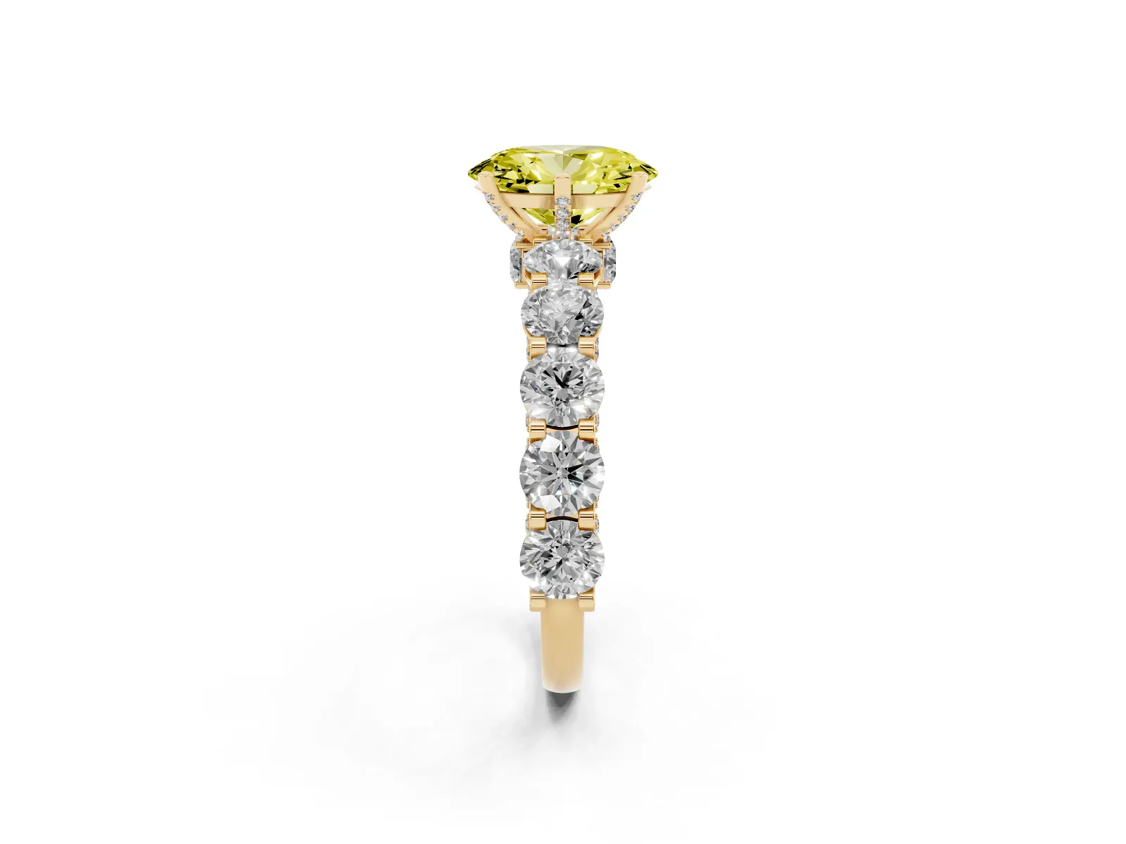 Fancy Yellow Oval Cut Diamond Side Stone Engagement Ring with Four-Prong Setting Yellow gold