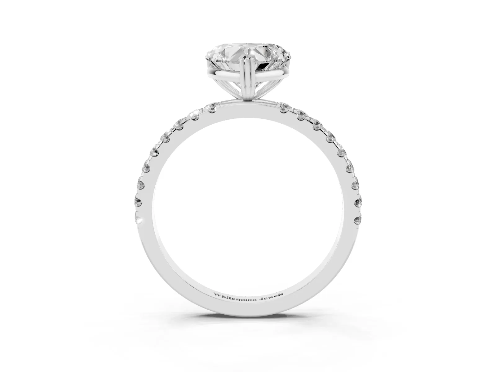 Heart Cut Brilliant Solitaire with Pavé Band and Claw Prong Setting Silver