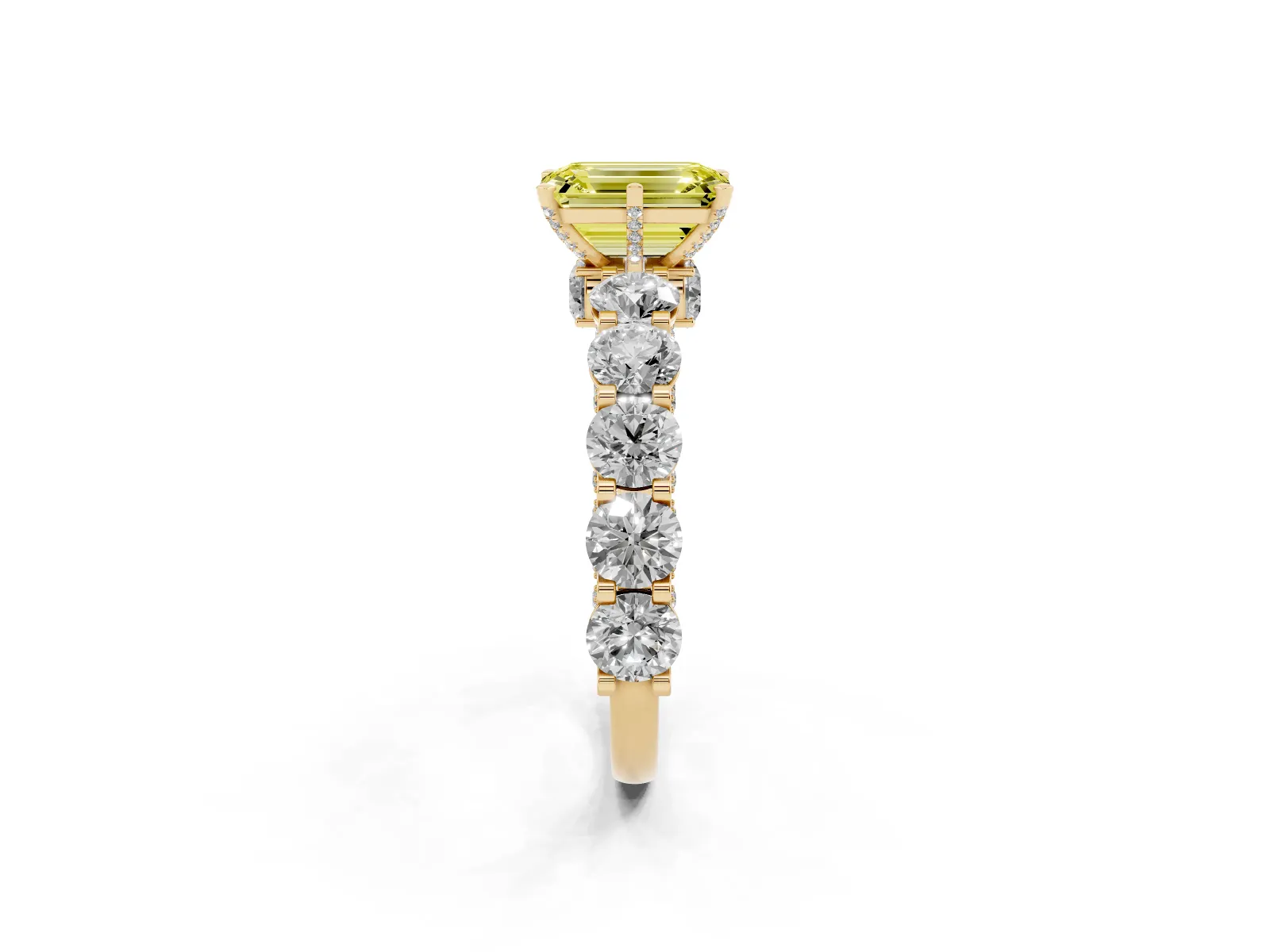 Fancy Yellow Emerald Cut Diamond Side Stone Engagement Ring with Four-Prong Setting Yellow gold