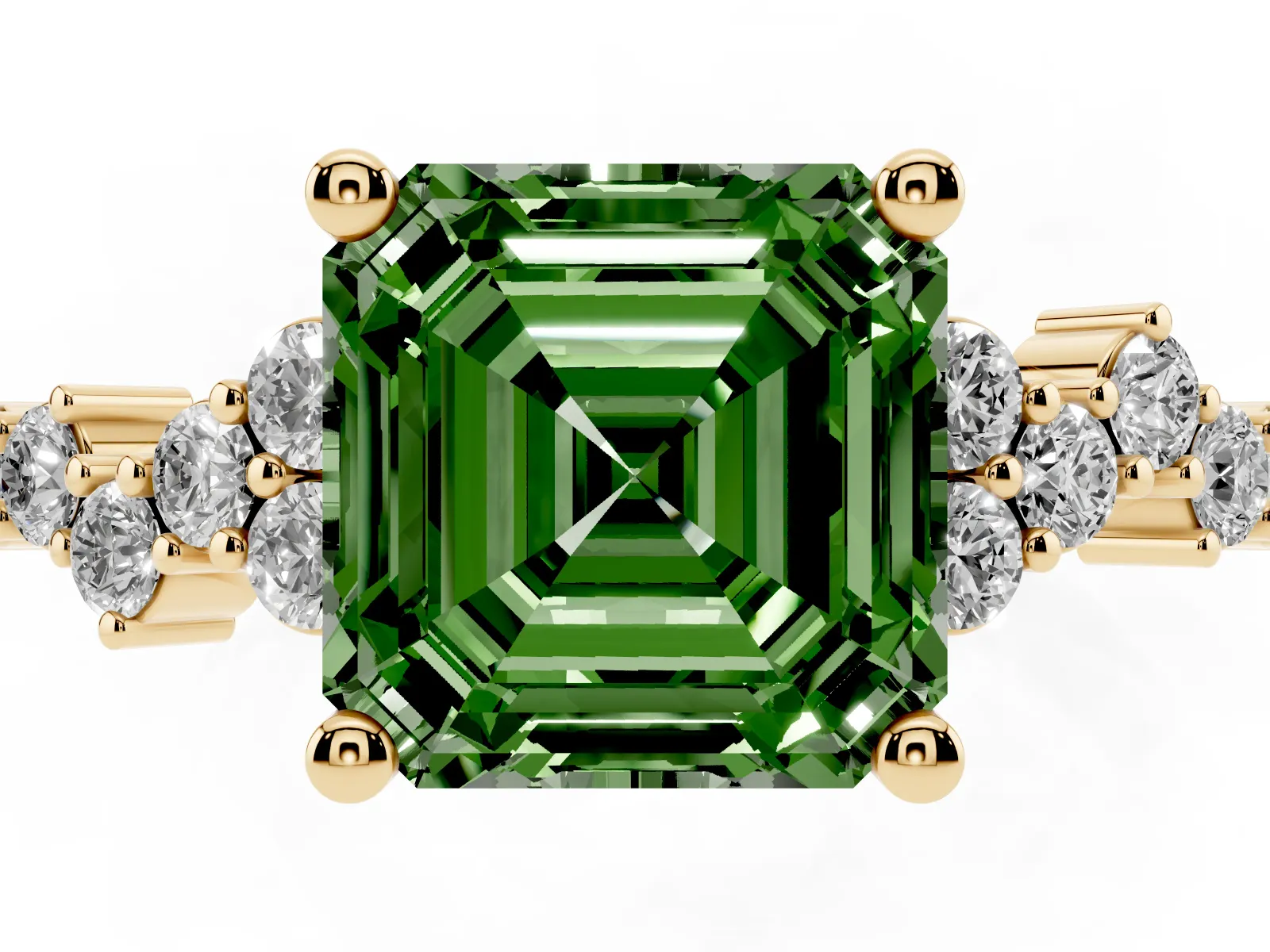 Fancy Green Asscher Cut Diamond Scattered Round Accent Ring with Prong Setting Yellow gold