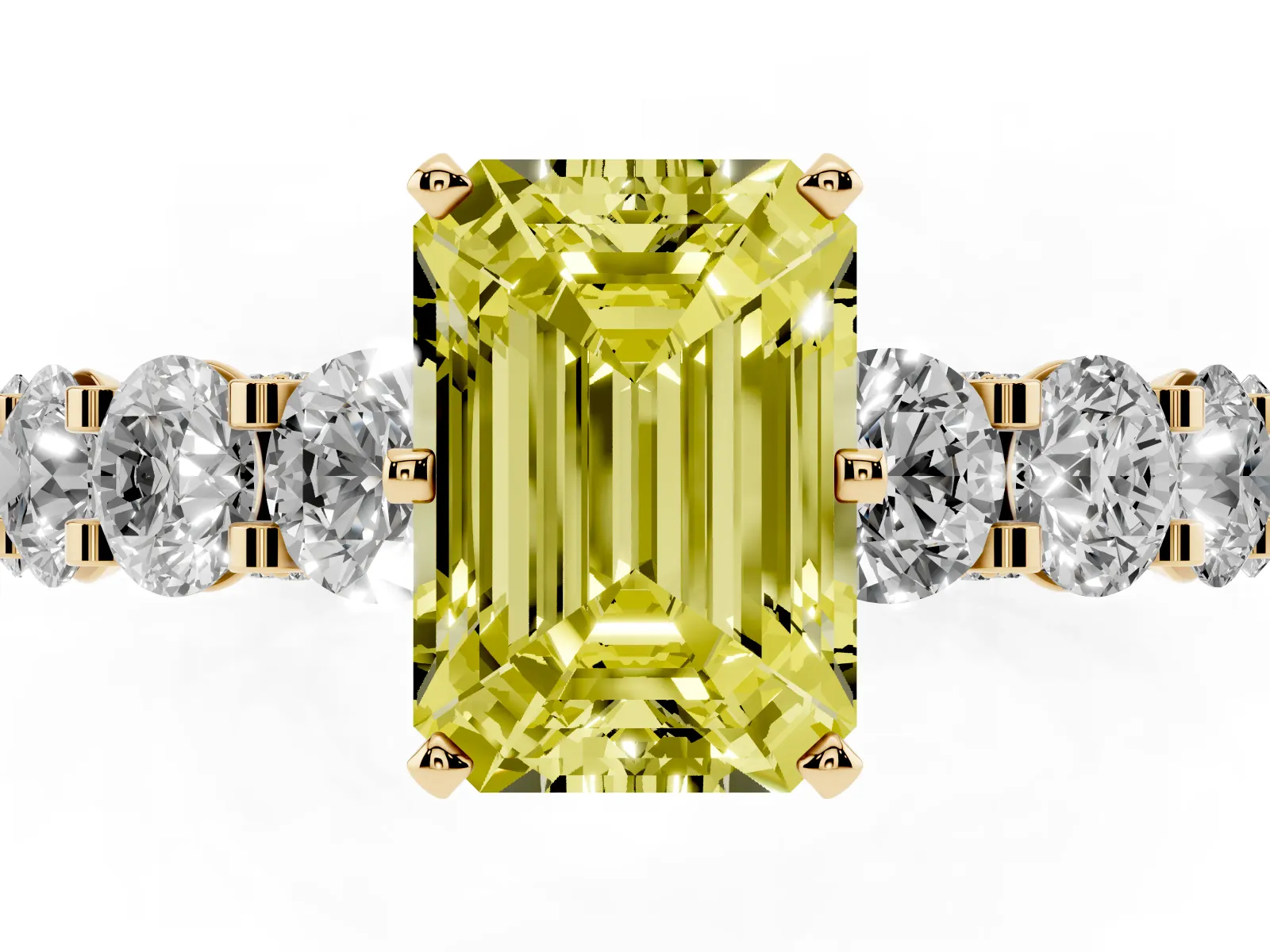 Fancy Yellow Emerald Cut Diamond Side Stone Engagement Ring with Four-Prong Setting Yellow gold