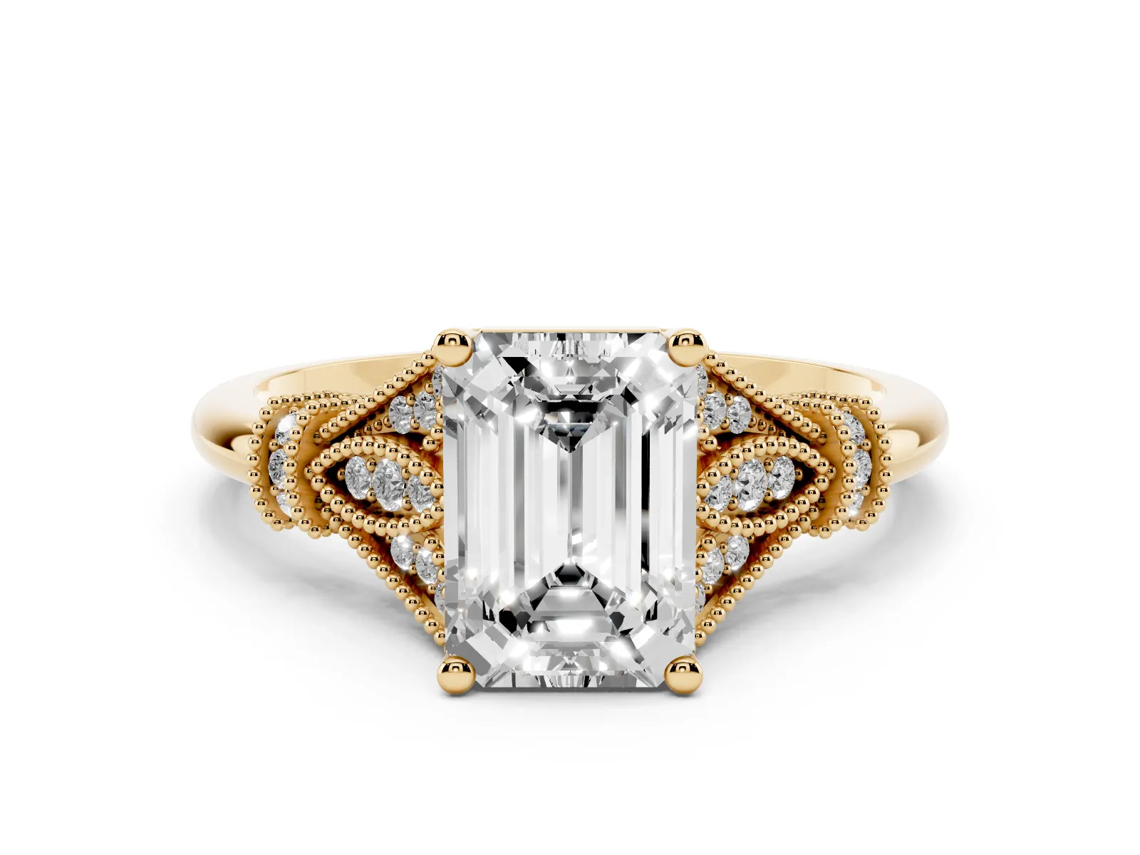Emerald Cut Diamond Solitaire Ring with Floral Filigree and Pave Accents Yellow gold