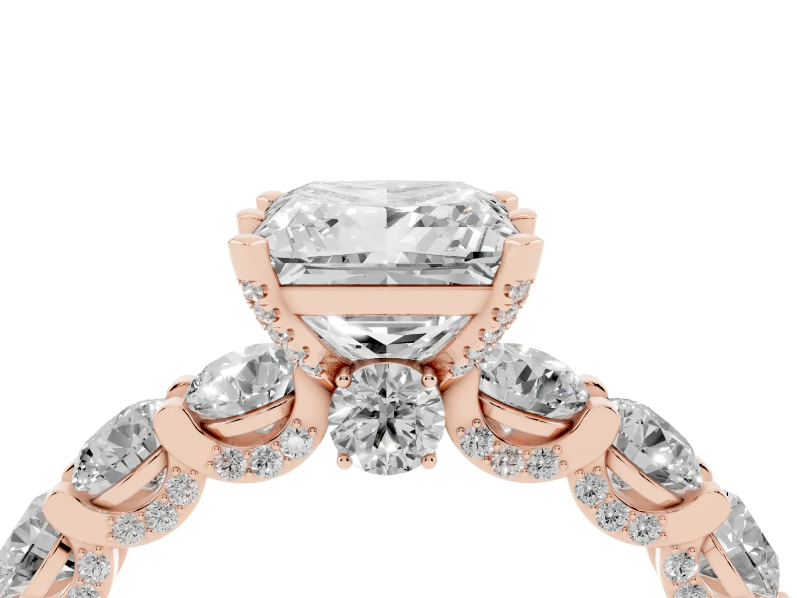 Princess Cut Diamond Side Stone Engagement Ring with Four-Prong Setting Rose gold