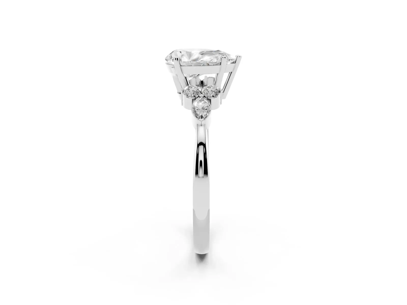 Pear Cut Brilliant Diamond Solitaire Ring with Pear Side Stones and Four-Prong Setting Platinum