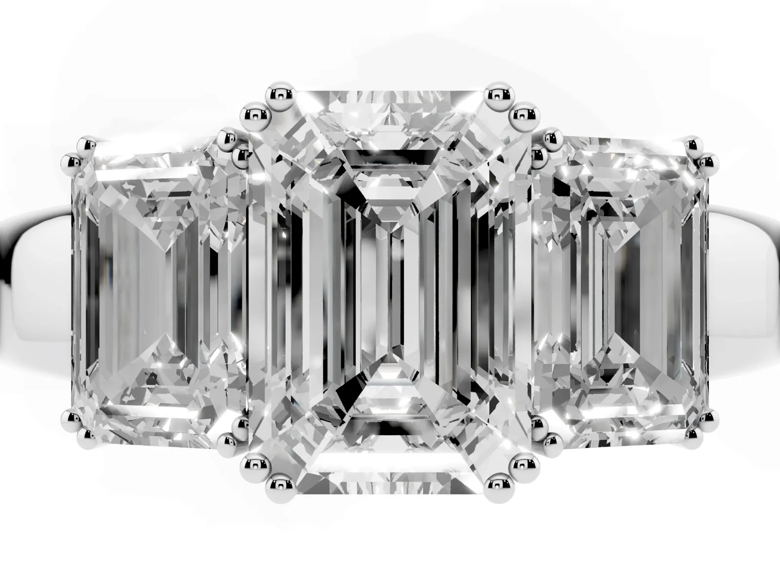 Three-Stone Emerald Cut Cut Diamond Ring with Channel Set Band and Four-Prong Setting White gold