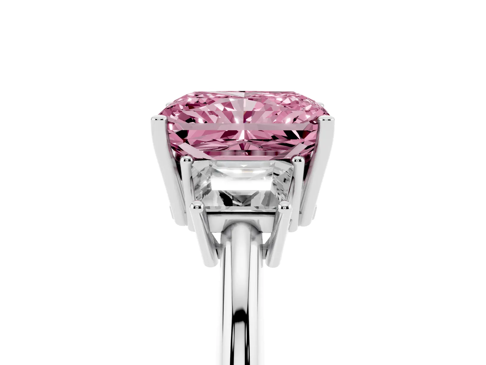 Fancy Pink Radiant Cut Diamond Three-Stone Ring with Trapezoid Side Stones and Prong Setting Platinum