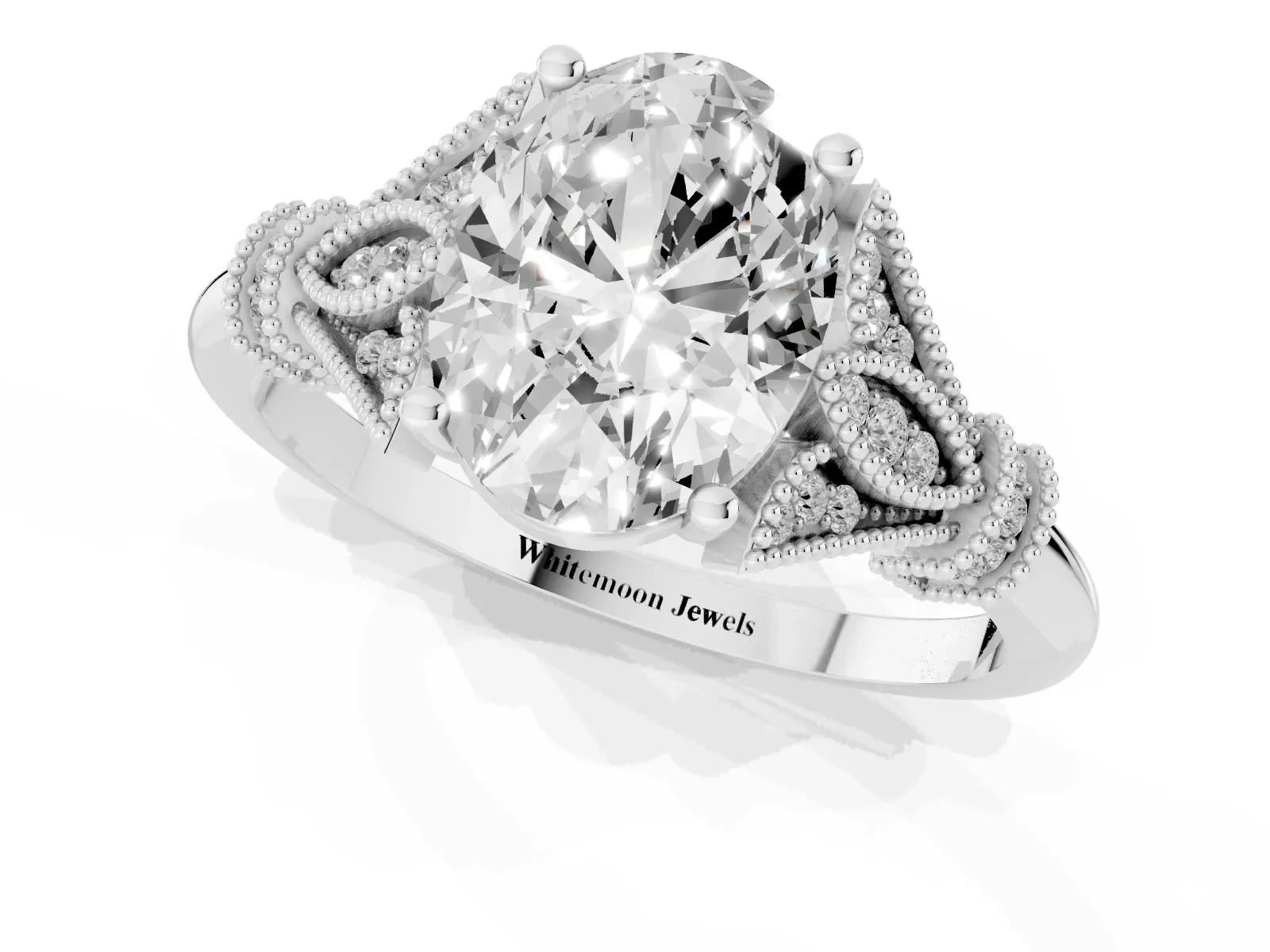 Oval Cut Diamond Solitaire Ring with Floral Filigree and Pave Accents White gold