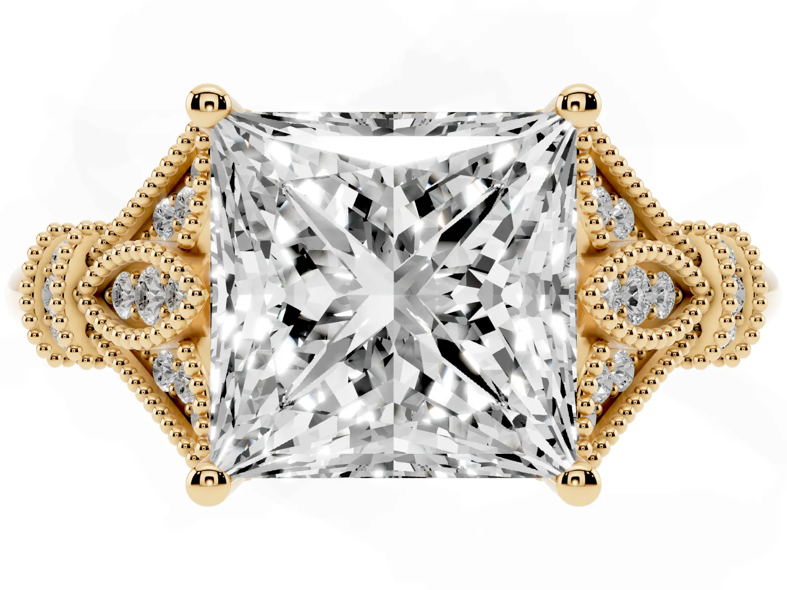 Princess Cut Diamond Solitaire Ring with Floral Filigree and Pave Accents Yellow gold