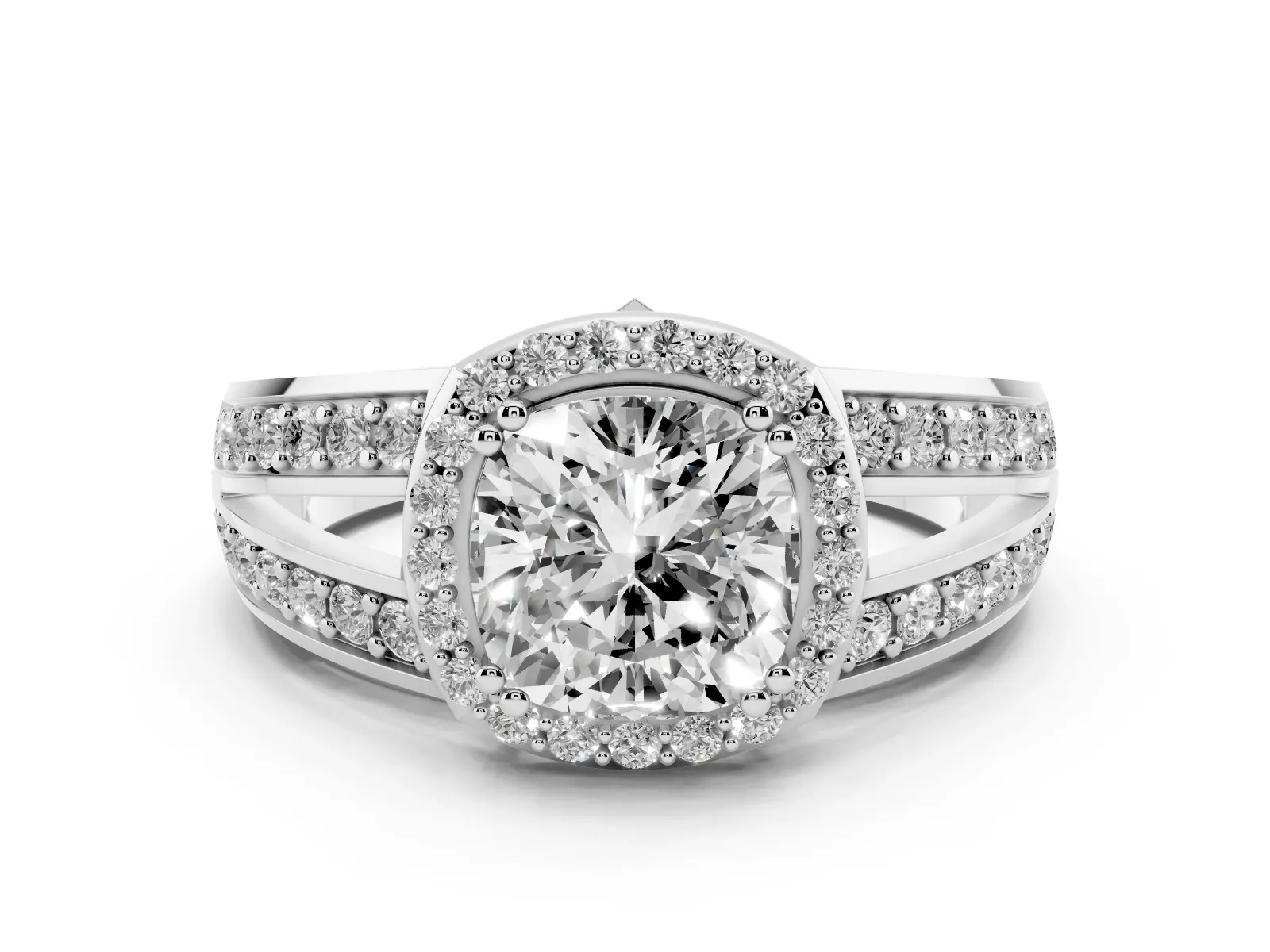 Cushion Cut Diamond Halo Ring with Split Shank Pavé Band and Four-Prong Setting Platinum