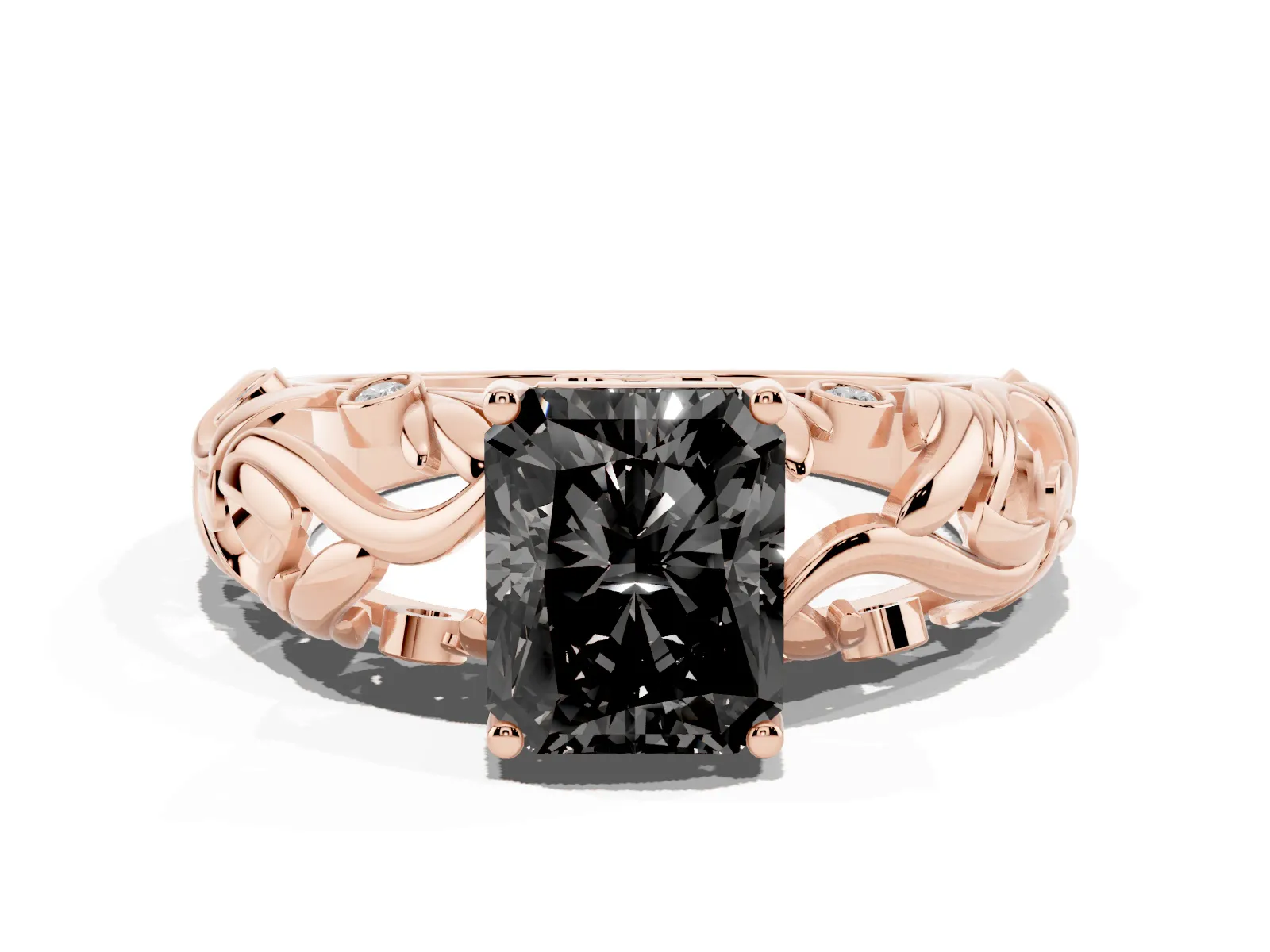 Fancy Black Radiant Cut Solitaire Diamond Leaf-Inspired Vine Band Ring with Prong Setting Rose gold