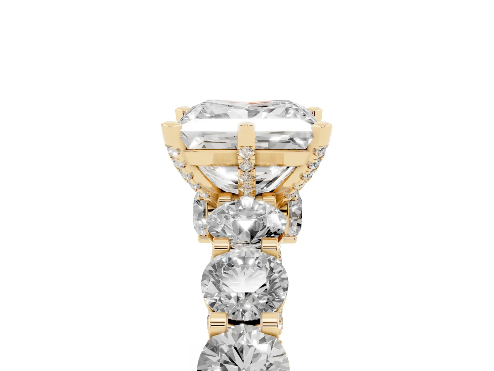 Princess Cut Diamond Side Stone Engagement Ring with Four-Prong Setting Yellow gold