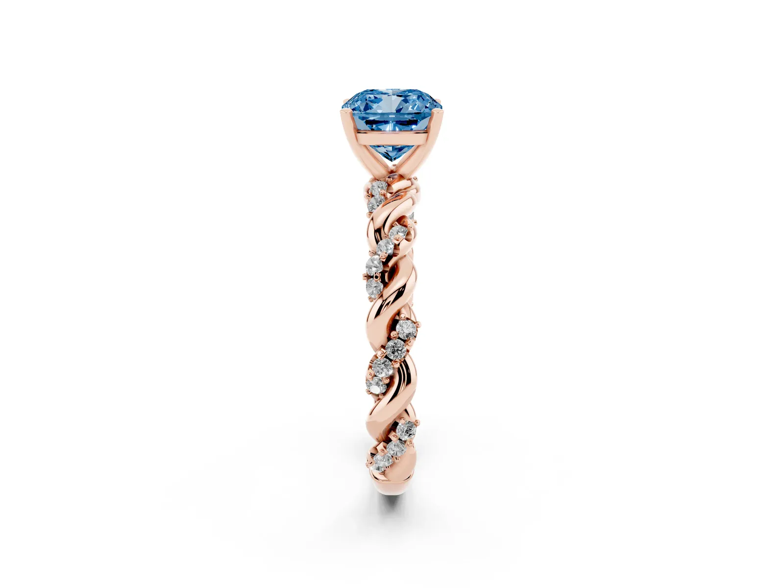 Fancy Blue Cushion Cut Diamond Solitaire Ring with Twisted Band and Pavé Accents Rose gold