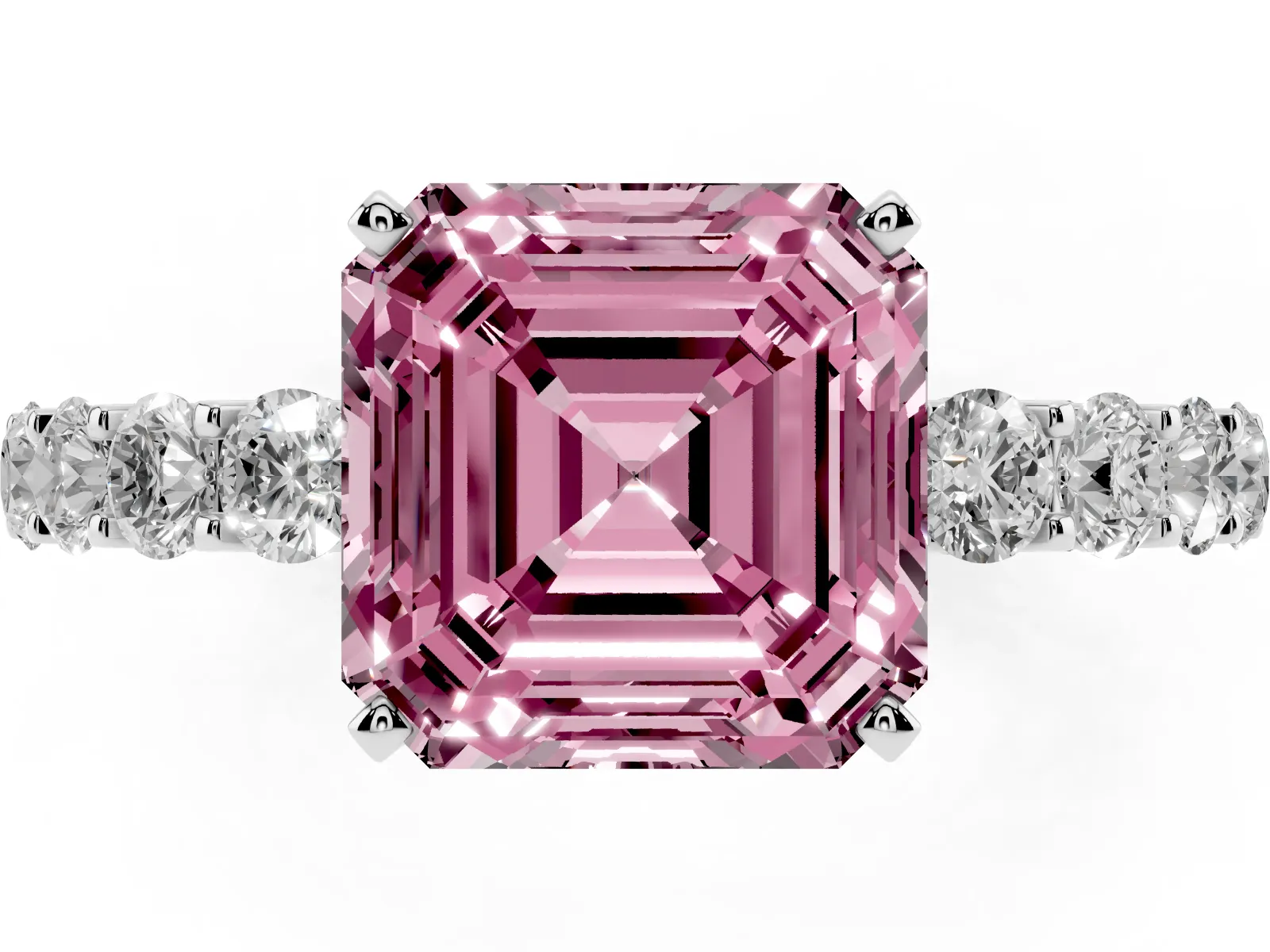 Fancy Pink Asscher Cut Diamond Solitaire Ring with Shared Prong Pavé Band and Four-Prong Setting White gold