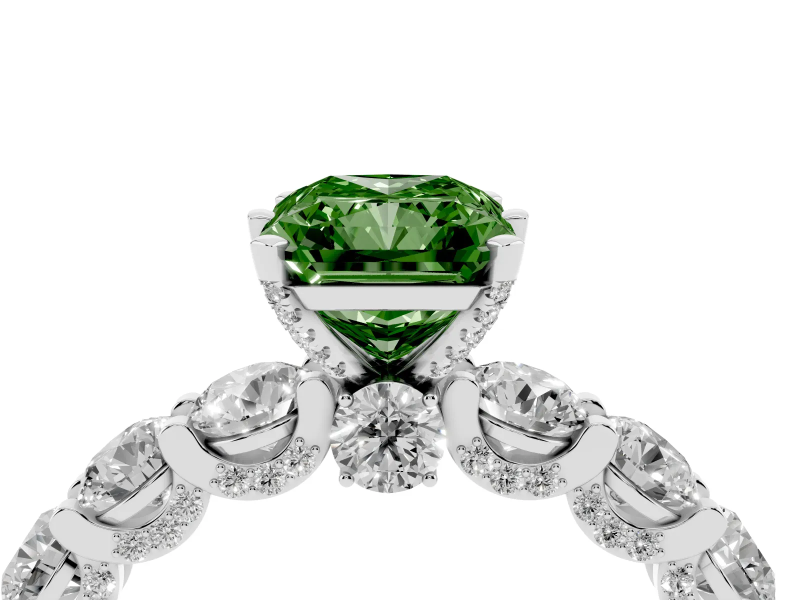 Fancy Green Radiant Cut Diamond Side Stone Engagement Ring with Four-Prong Setting Platinum