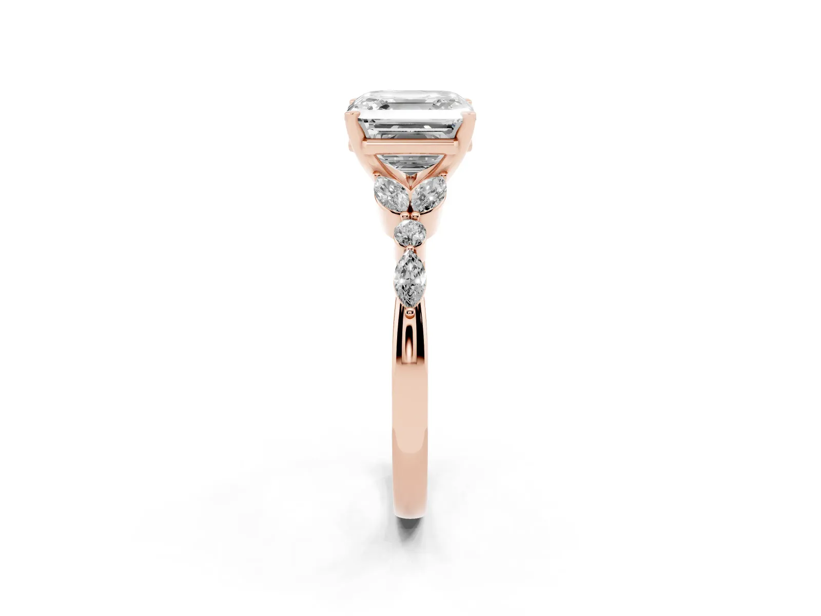 Asscher Cut Diamond Solitaire Ring with Side Stones and Four-Prong Setting Rose gold
