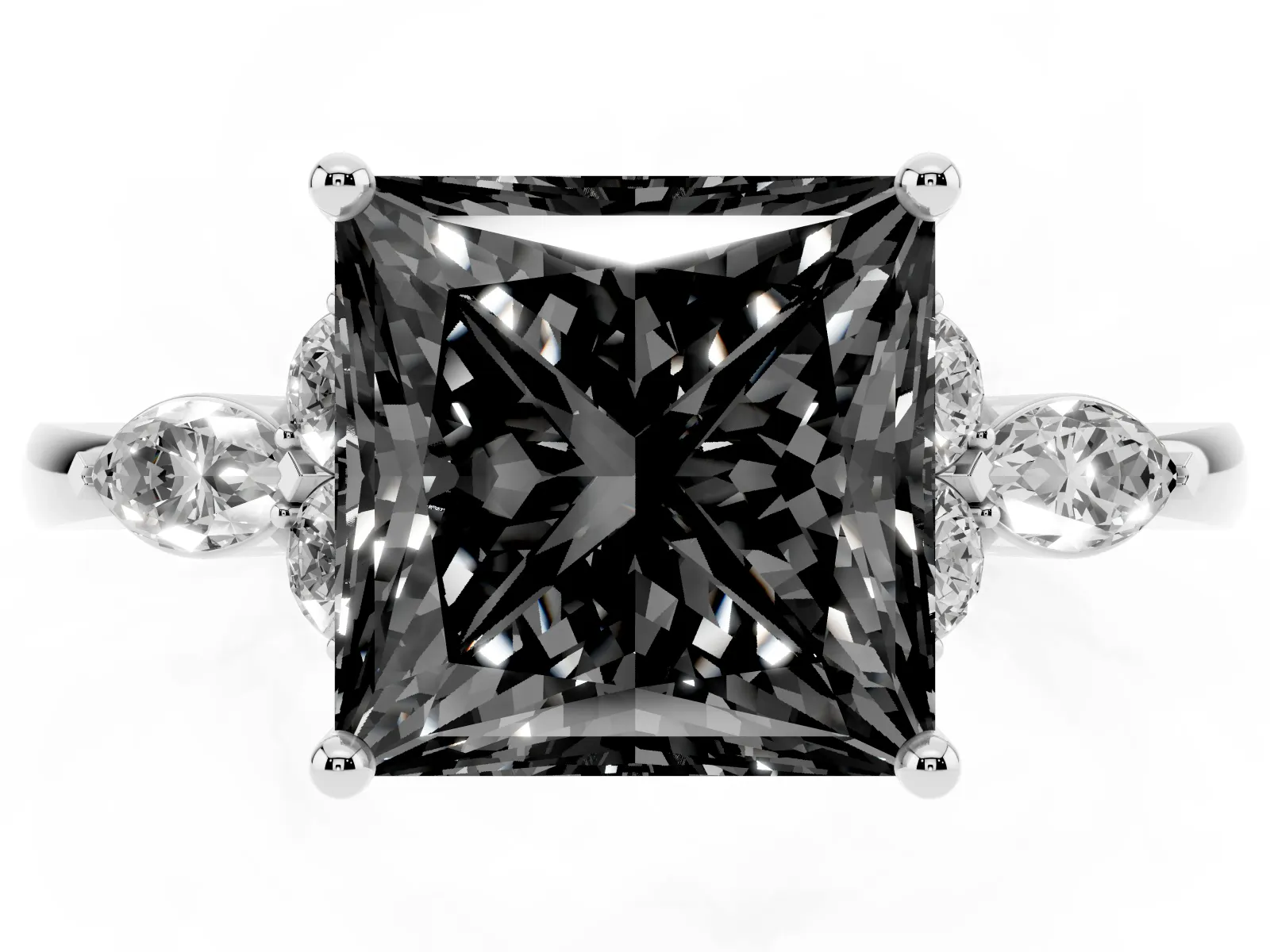 Fancy Black Princess Cut Brilliant Diamond Solitaire Ring with Pear Side Stones and Four-Prong Setting Platinum