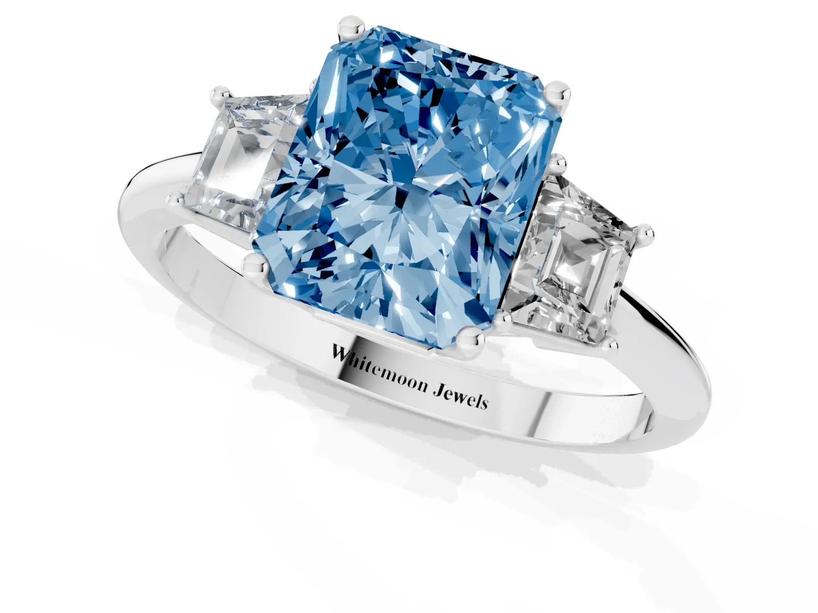 Fancy Blue Radiant Cut Diamond Three-Stone Ring with Trapezoid Side Stones and Prong Setting Platinum