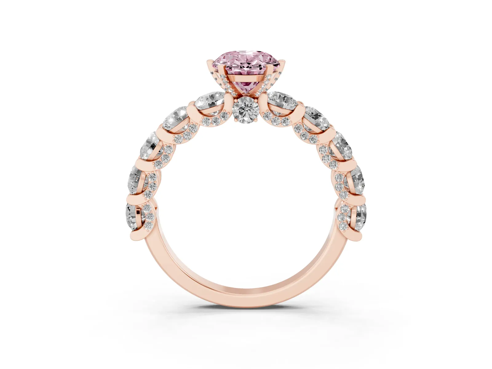 Fancy Pink Oval Cut Diamond Side Stone Engagement Ring with Four-Prong Setting Rose gold