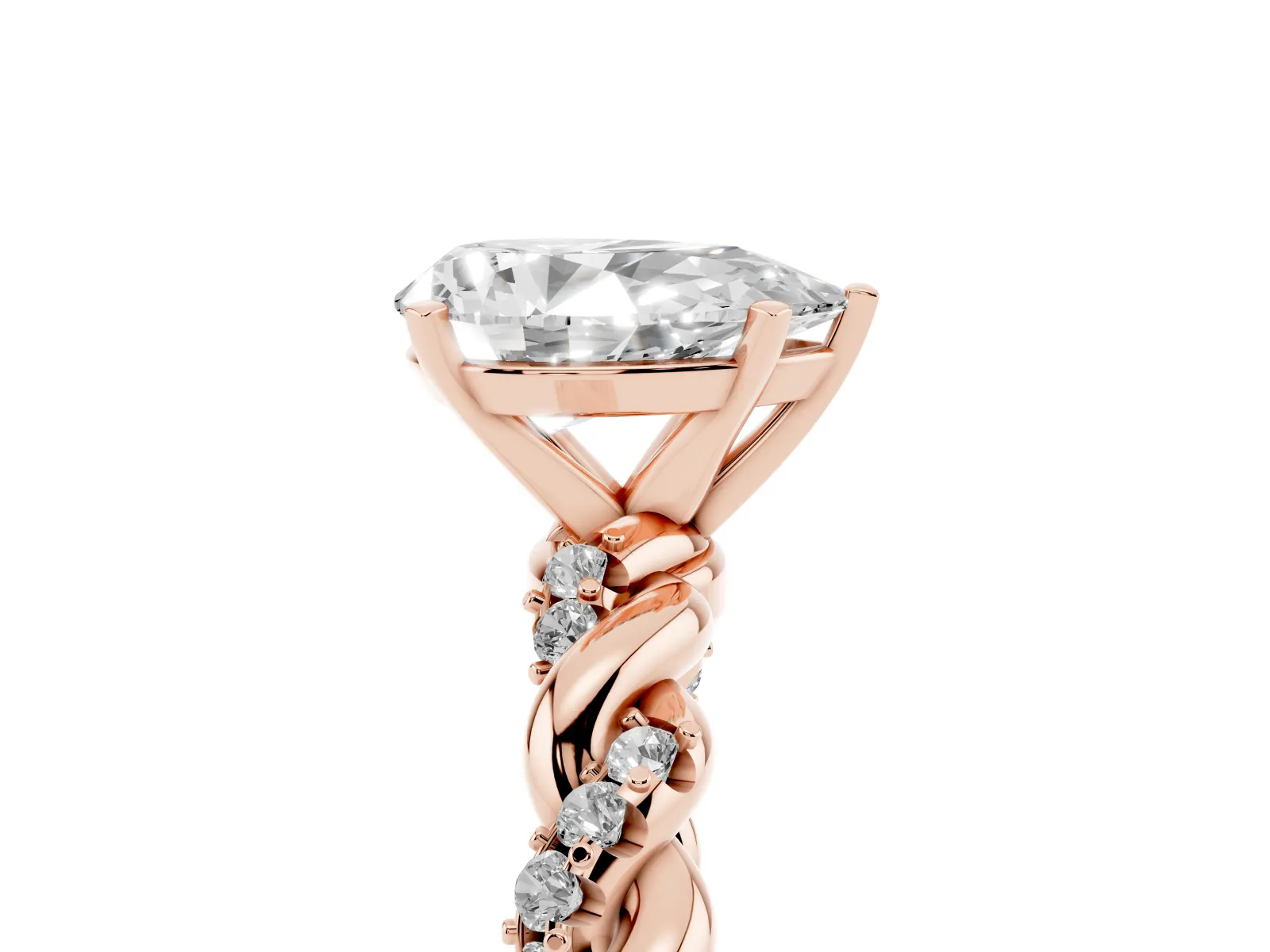 Pear Cut Diamond Solitaire Ring with Twisted Band and Pavé Accents Rose gold