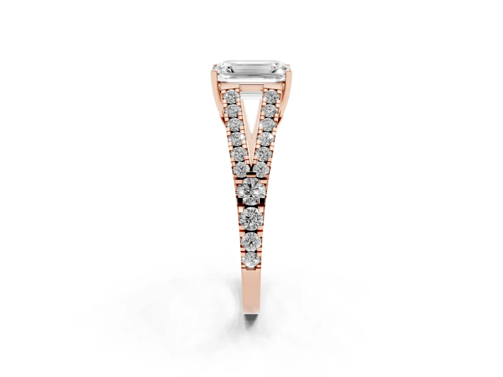 Emerald Cut Diamond Split Shank Engagement Ring with Round Pavé and Prong Setting Rose gold