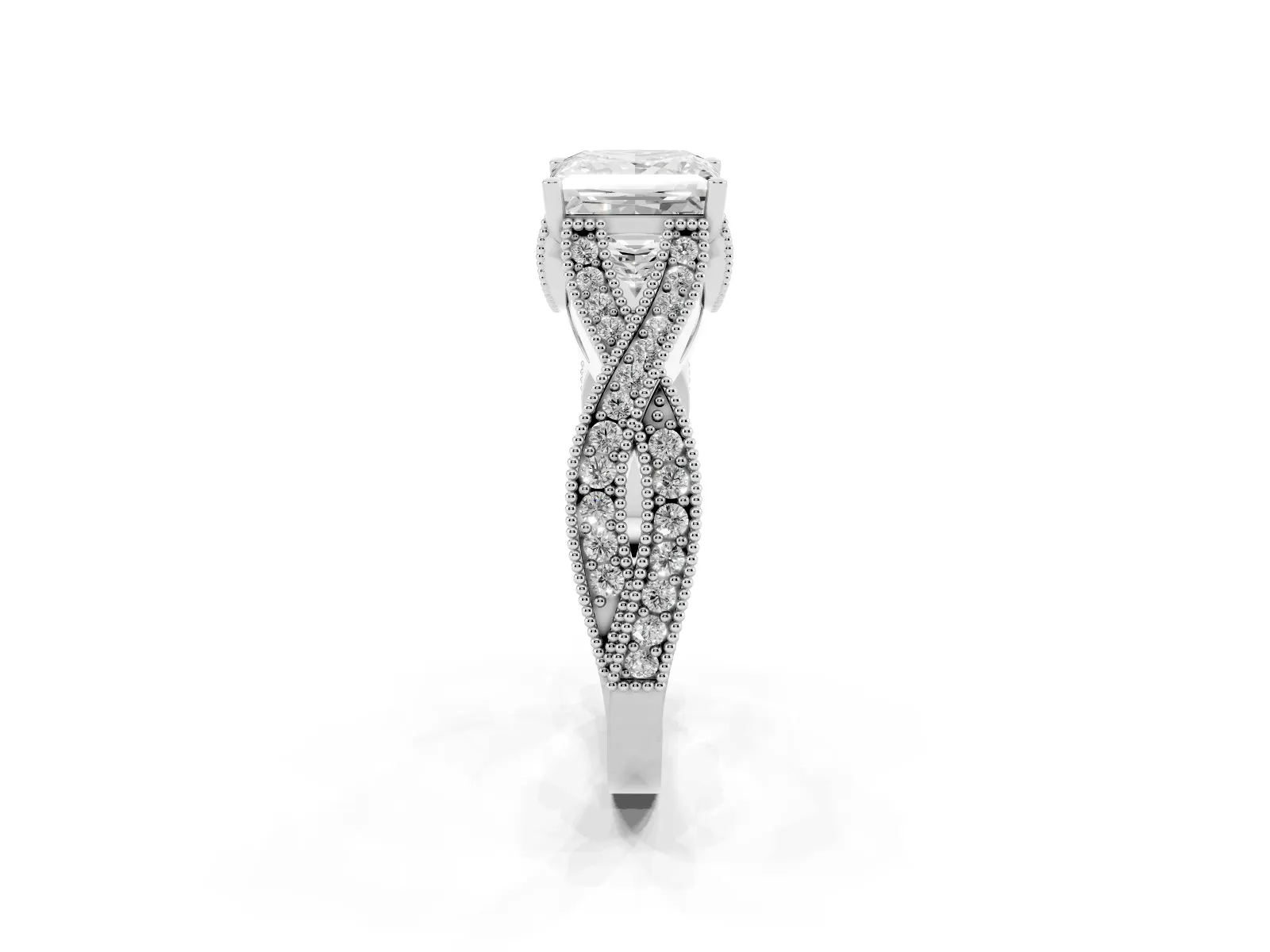 Princess Cut Cut Diamond Twisted Band with Milgrain Pave Setting and Four-Prong Setting Platinum