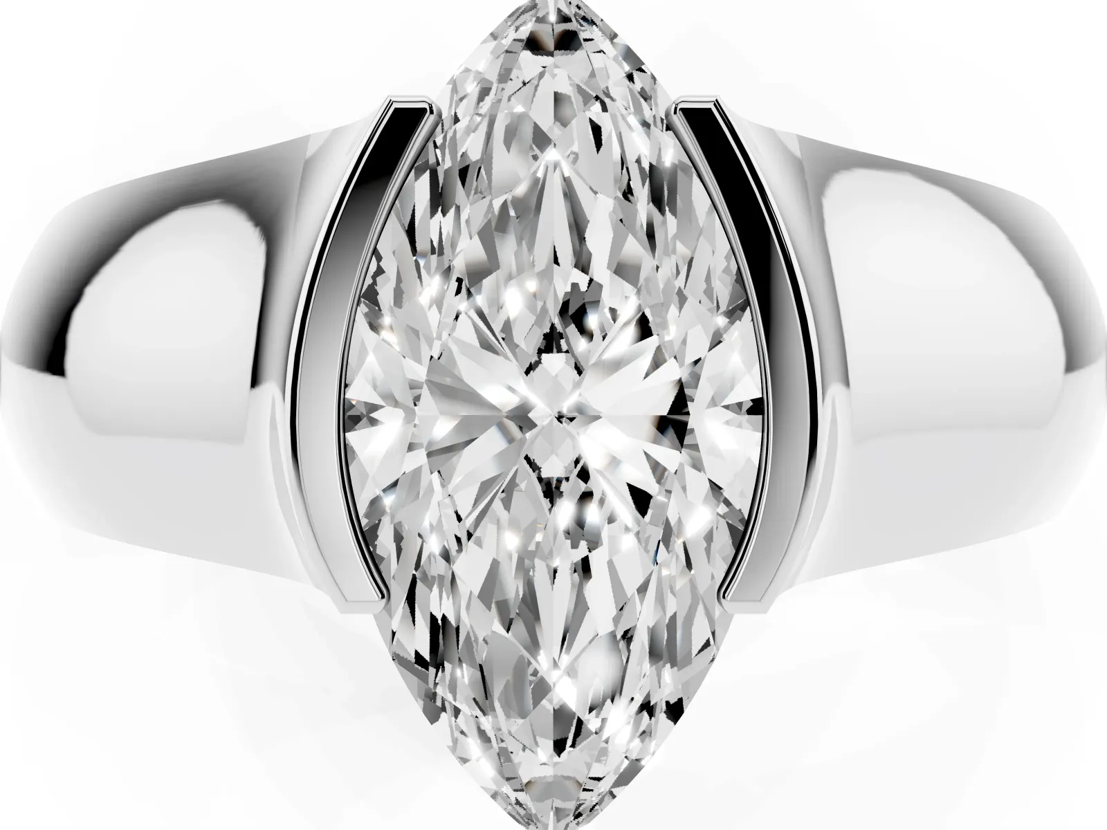 Marquise Cut Solitaire Bezel Set Diamond Ring with Wide Band White gold