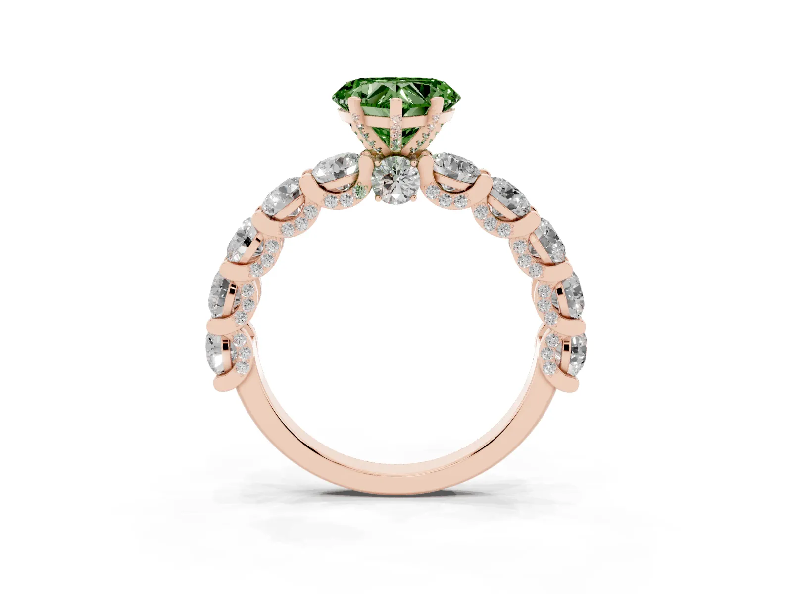 Fancy Green Heart Cut Diamond Side Stone Engagement Ring with Four-Prong Setting Rose gold