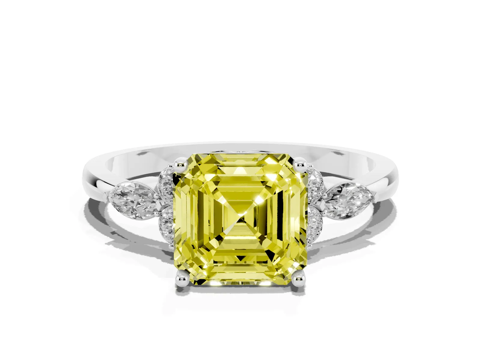 Fancy Yellow Asscher Cut Brilliant Diamond Solitaire Ring with Pear Side Stones and Four-Prong Setting Platinum