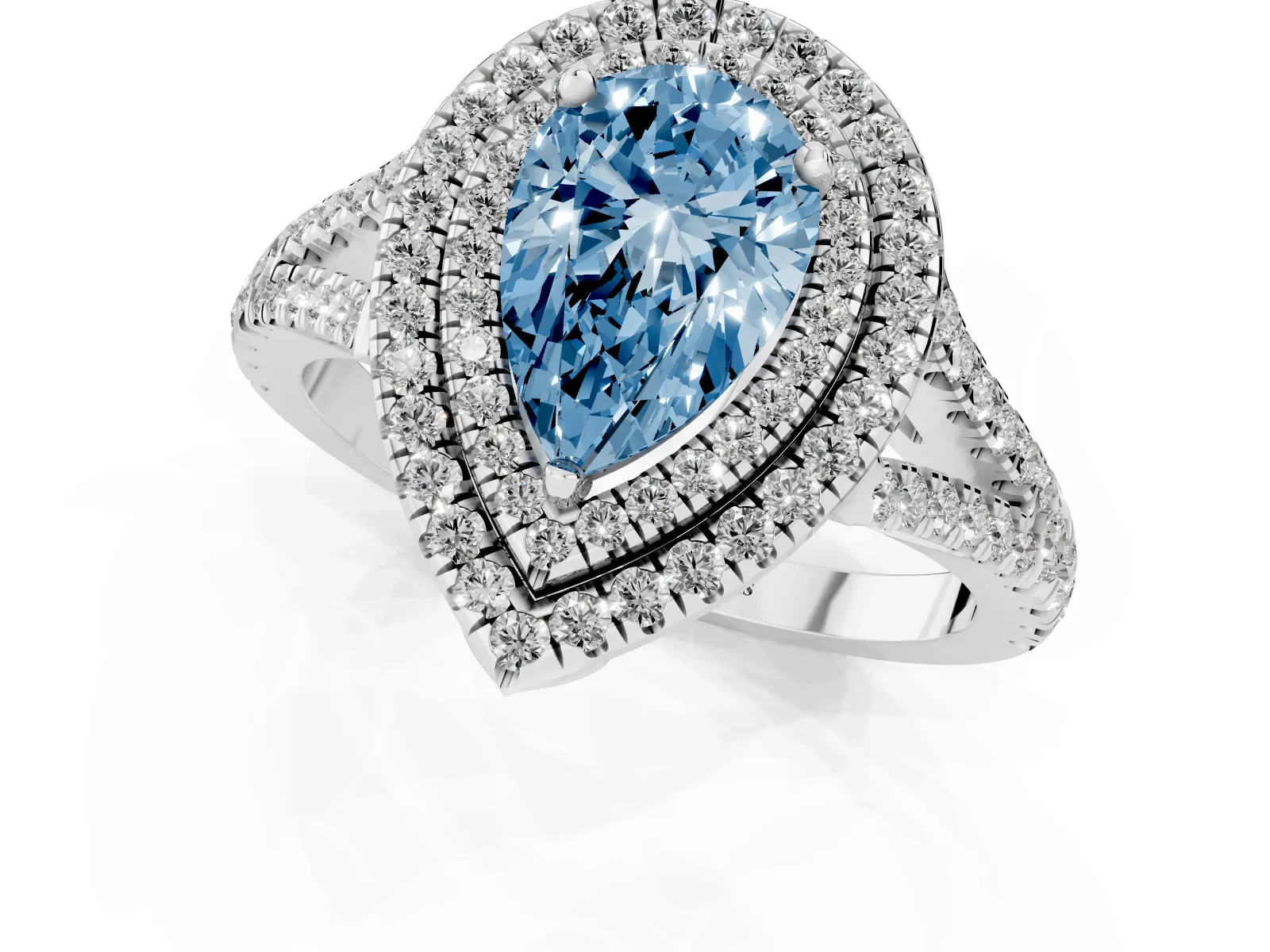 Fancy Blue Pear Cut Diamond Double Halo Ring with Pavé Band and Prong Setting Platinum