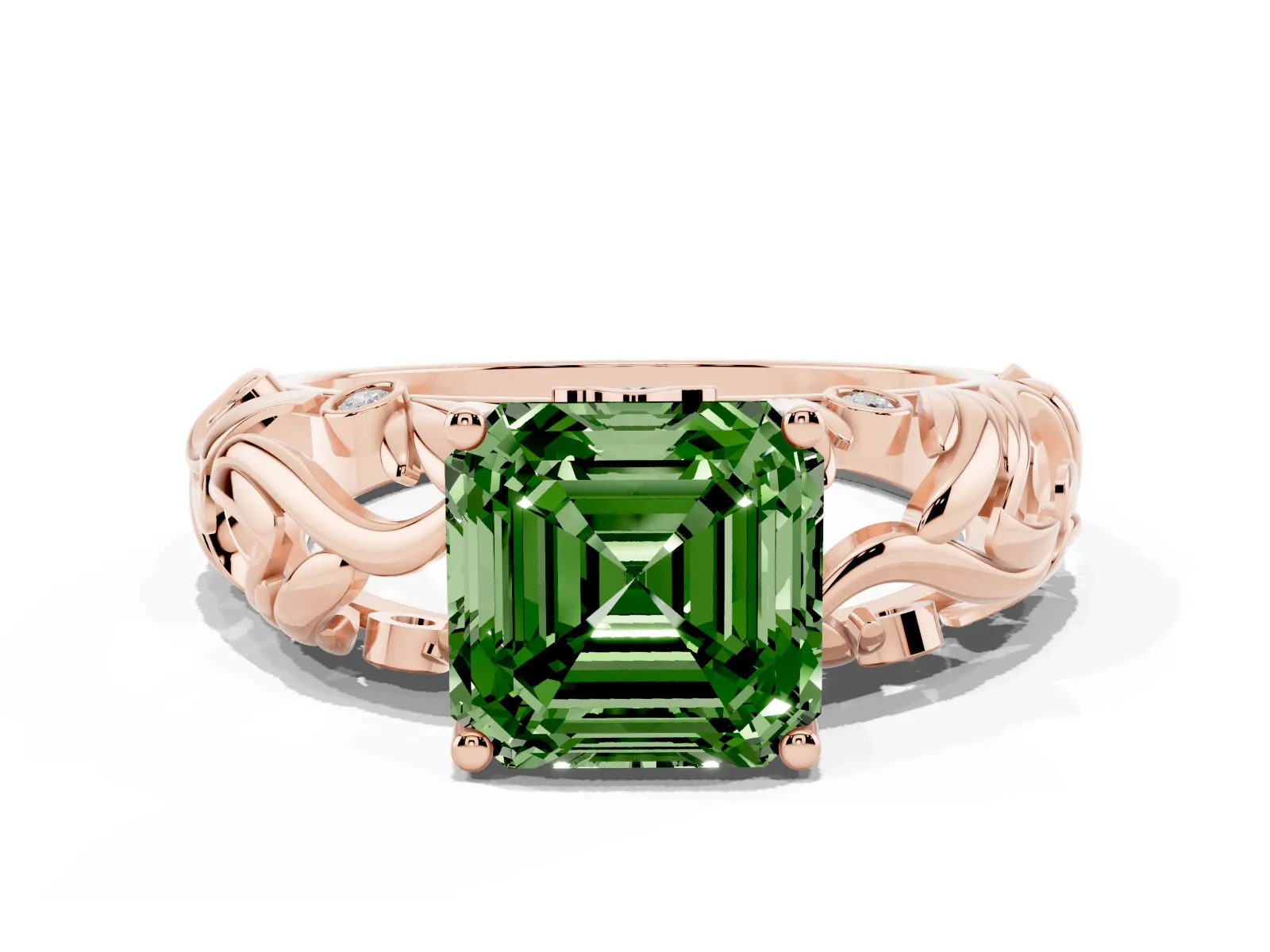 Fancy Green Asscher Cut Solitaire Diamond Leaf-Inspired Vine Band Ring with Prong Setting Rose gold