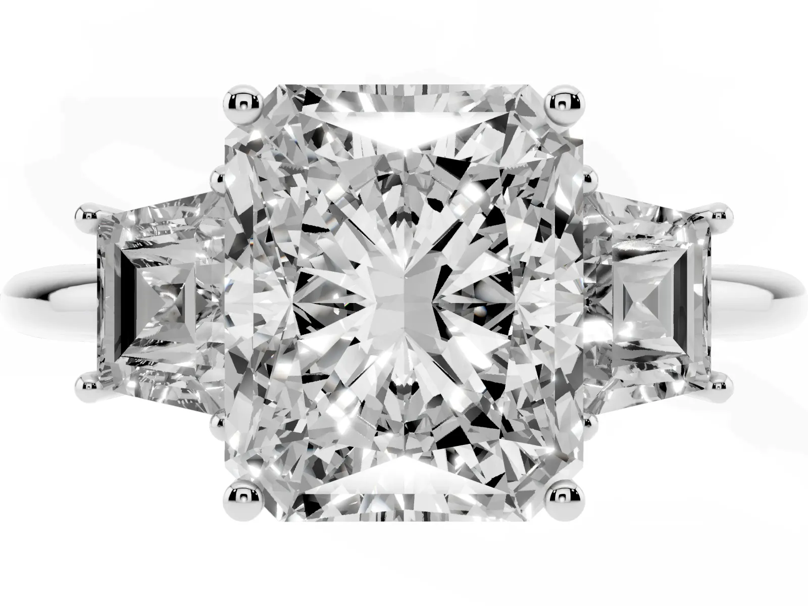 Radiant Cut Diamond Three-Stone Ring with Trapezoid Side Stones and Prong Setting Platinum