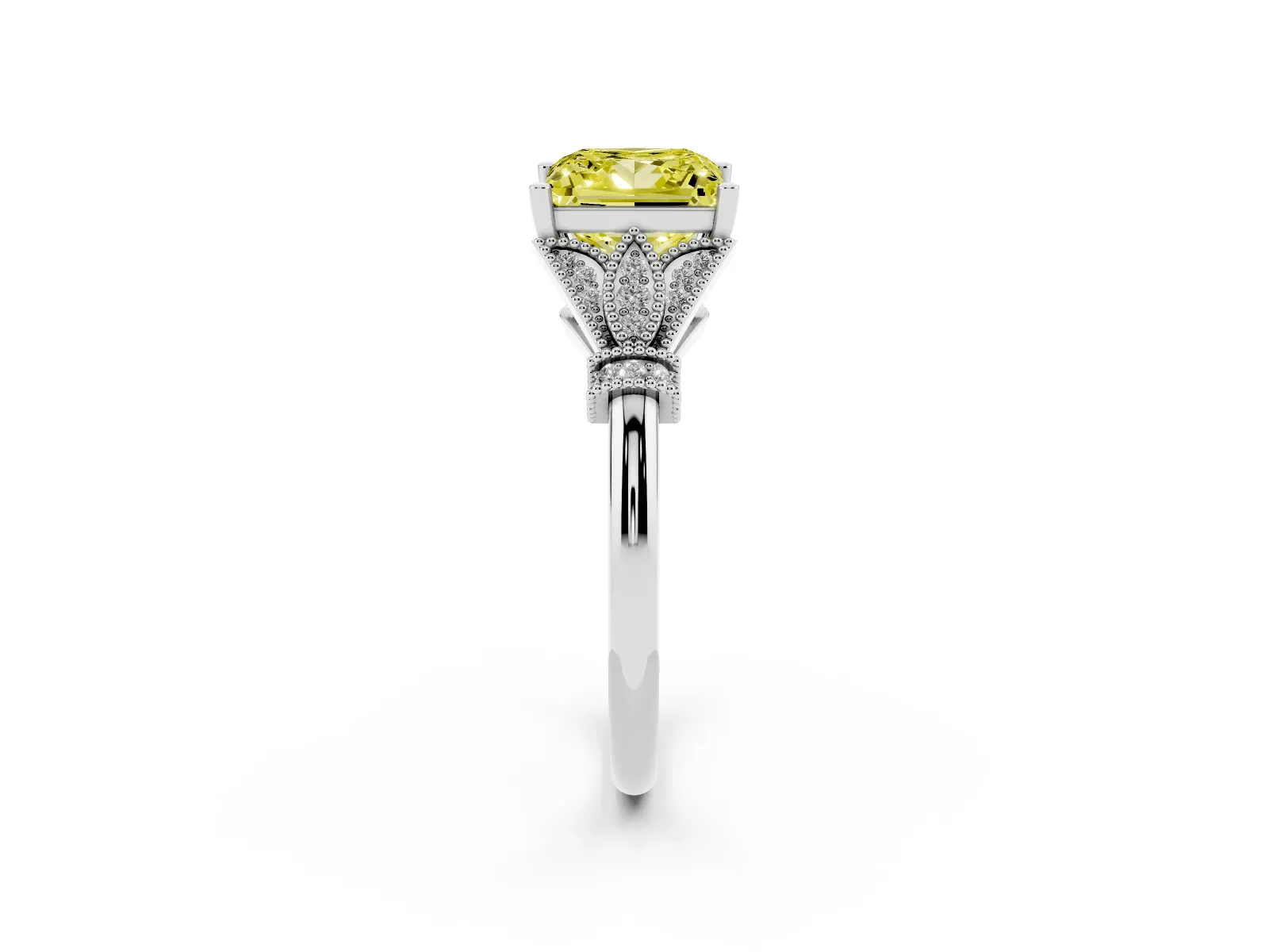 Fancy Yellow Princess Cut Diamond Solitaire Ring with Floral Filigree and Pave Accents Platinum