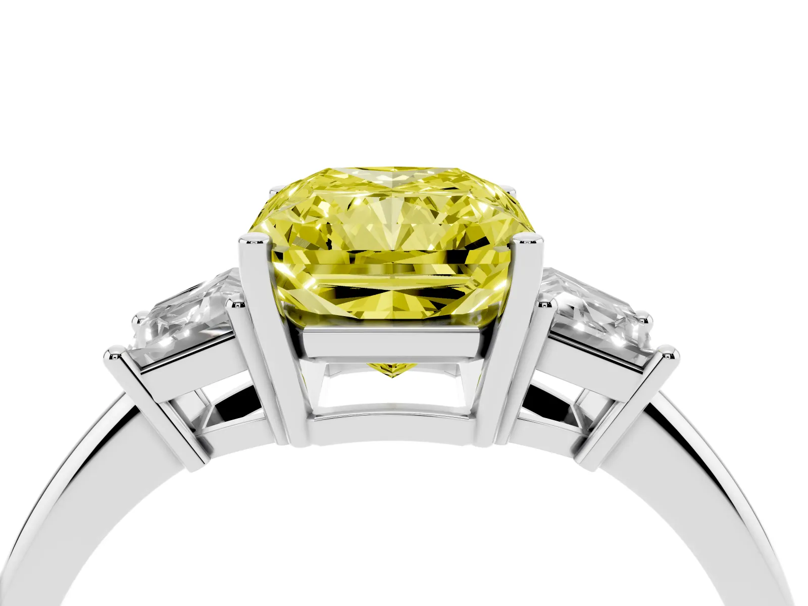 Fancy Yellow Radiant Cut Diamond Three-Stone Ring with Trapezoid Side Stones and Prong Setting Platinum