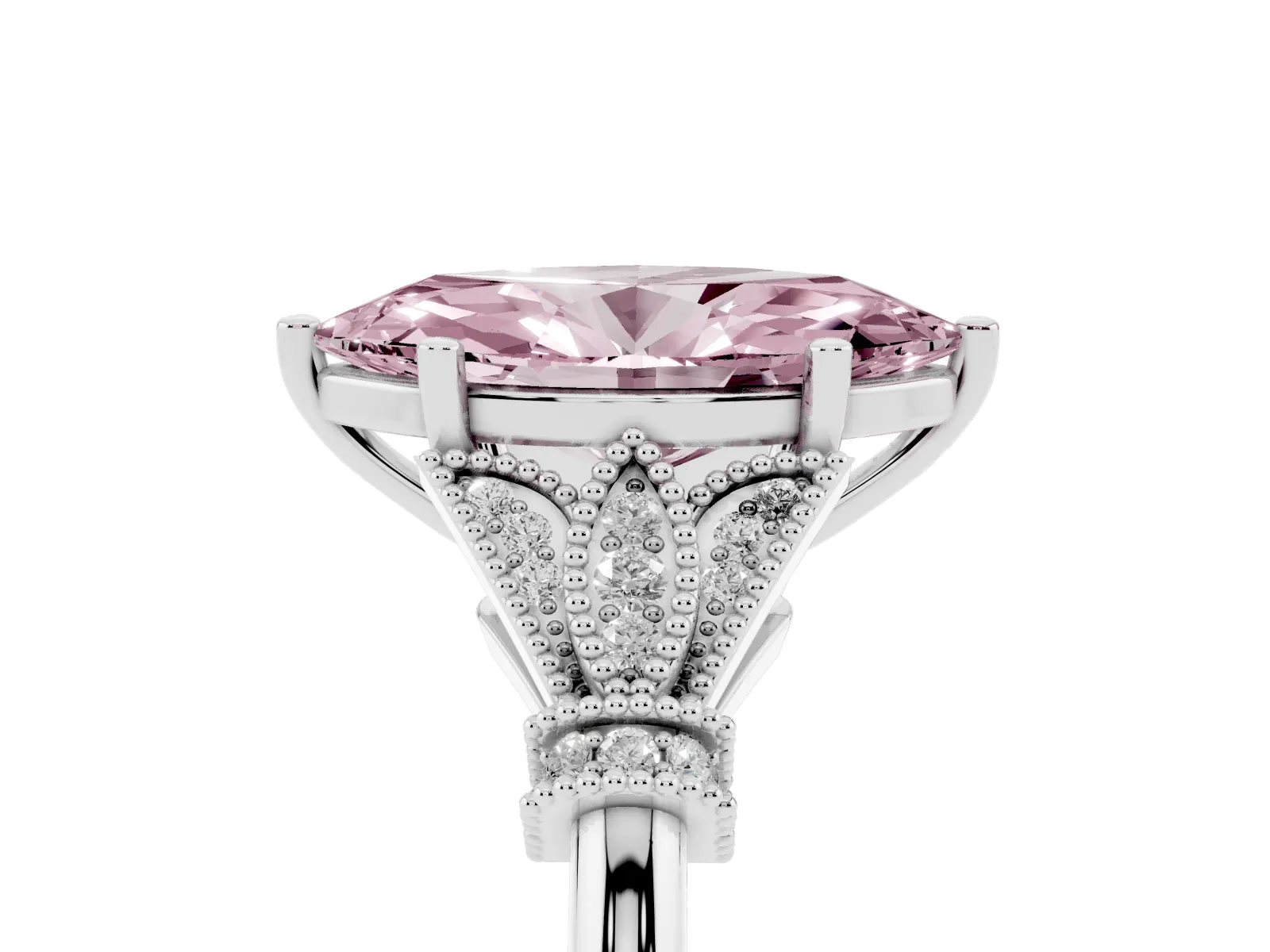Fancy Pink Marquise Cut Diamond Solitaire Ring with Floral Filigree and Pave Accents Platinum