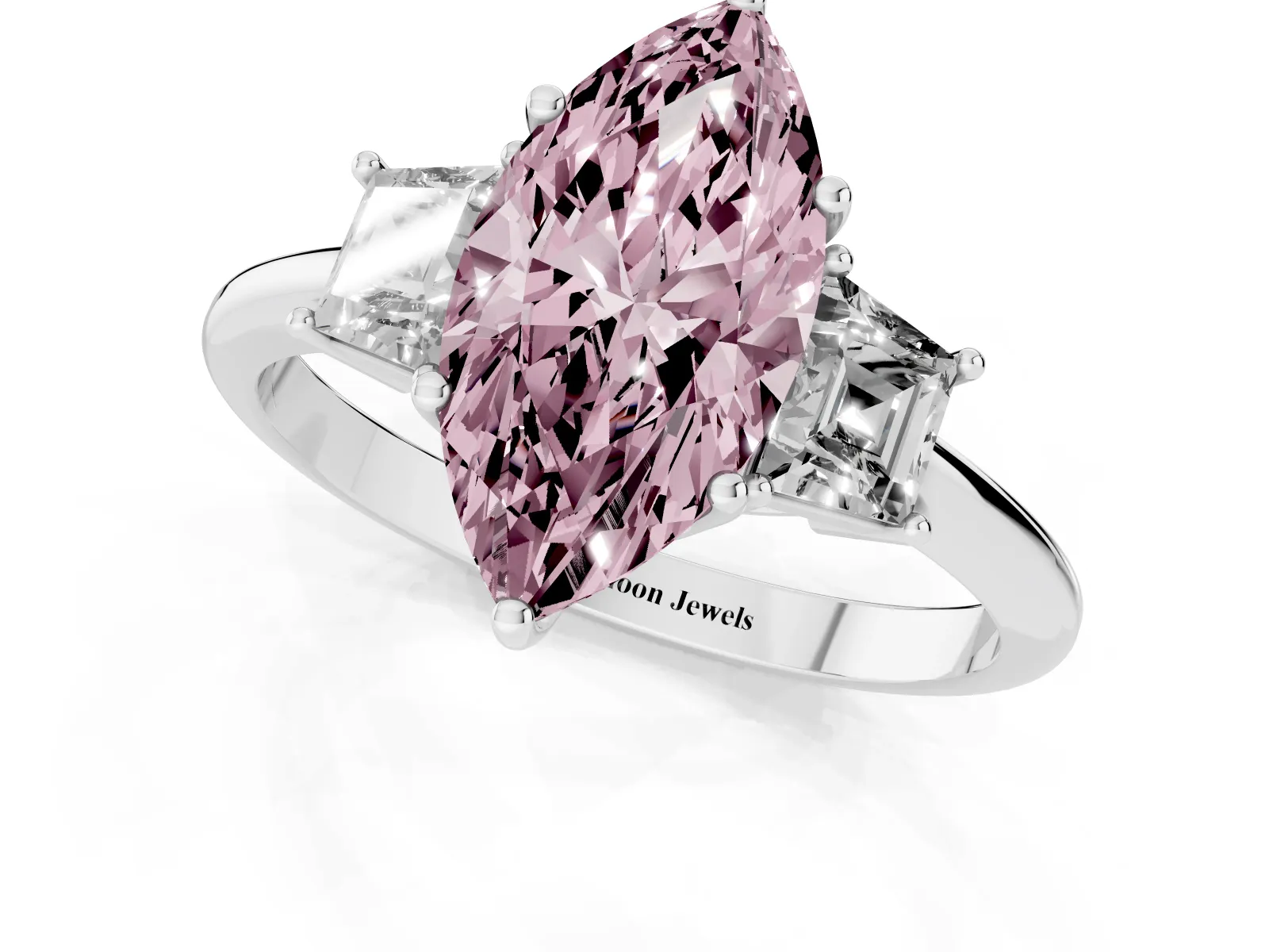 Fancy Pink Marquise Cut Diamond Three-Stone Ring with Trapezoid Side Stones and Prong Setting Platinum