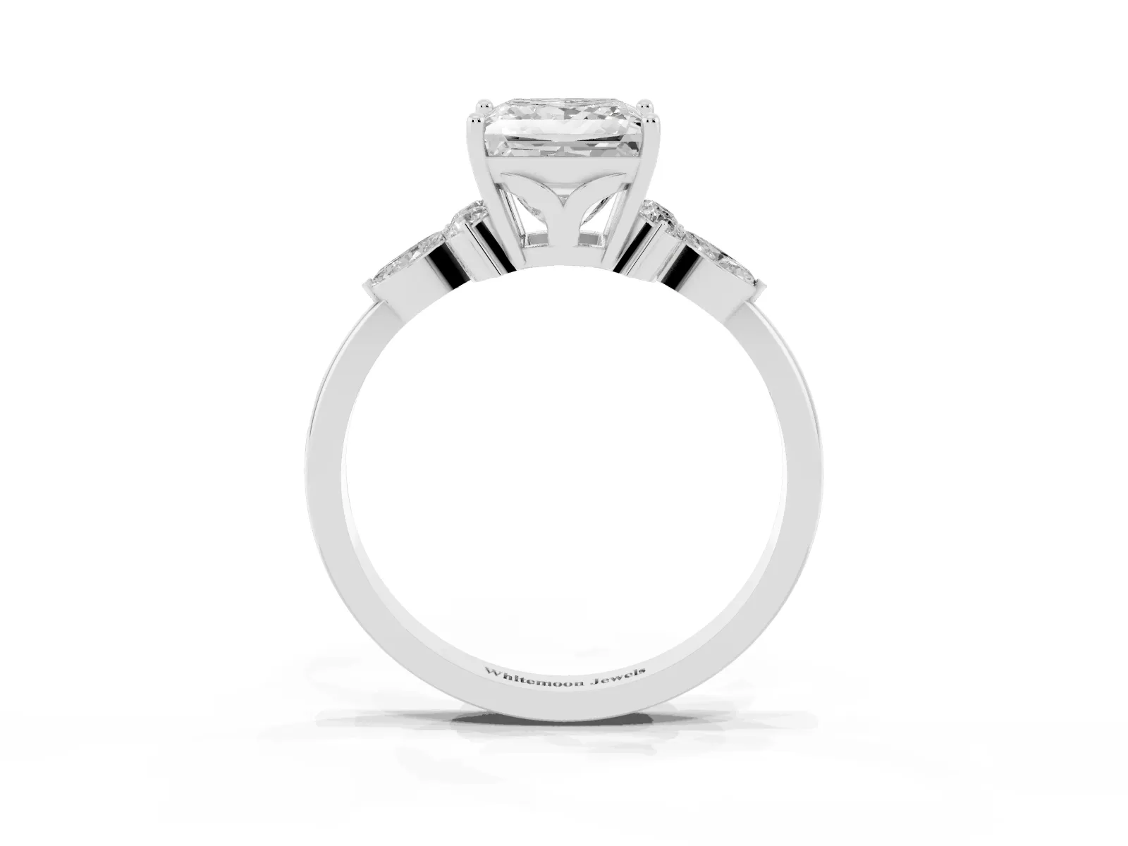 Princess Cut Brilliant Diamond Solitaire Ring with Pear Side Stones and Four-Prong Setting Platinum
