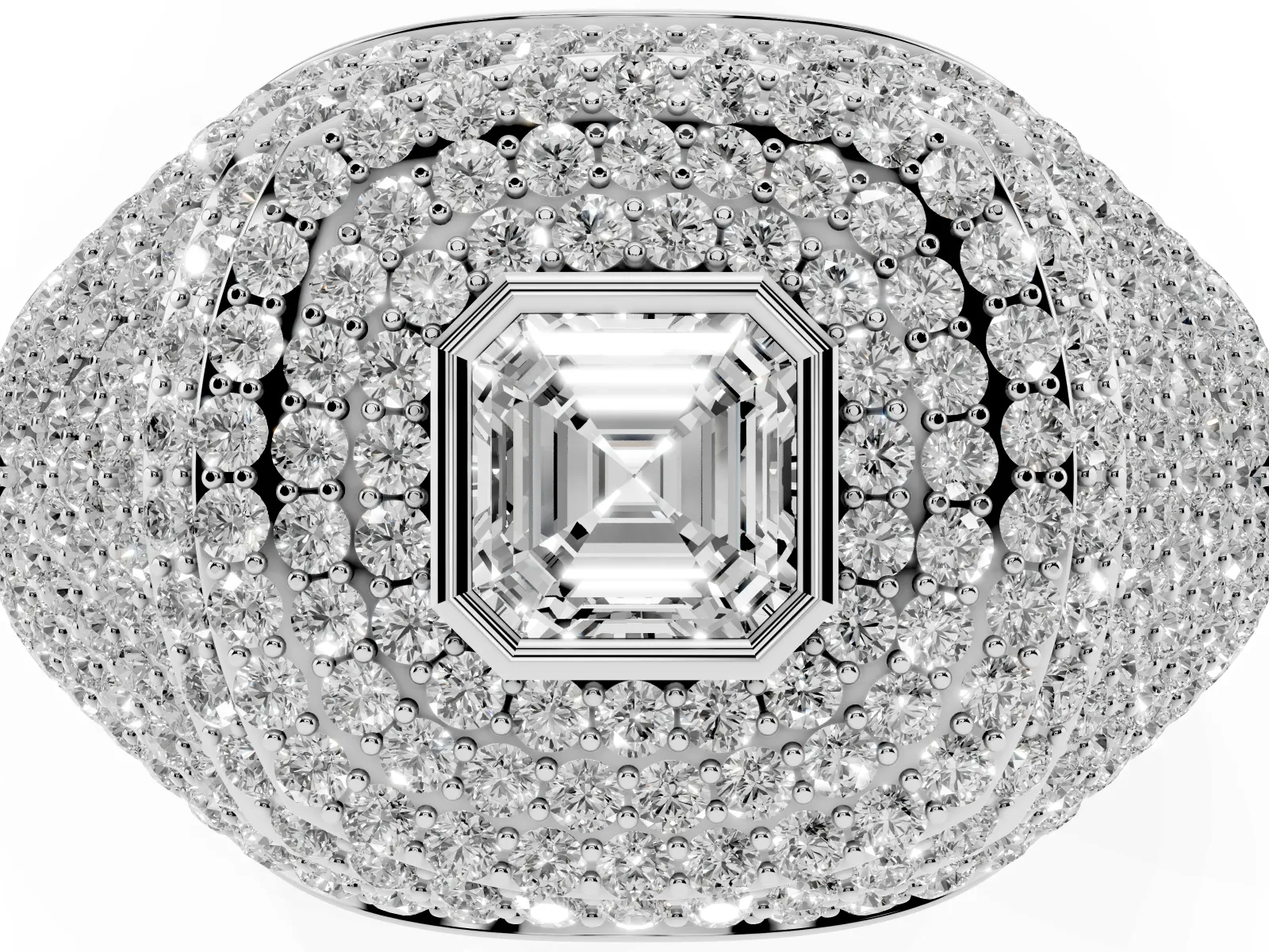 Asscher Cut Diamond Bezel Set Pavé Dome Mens Ring Silver