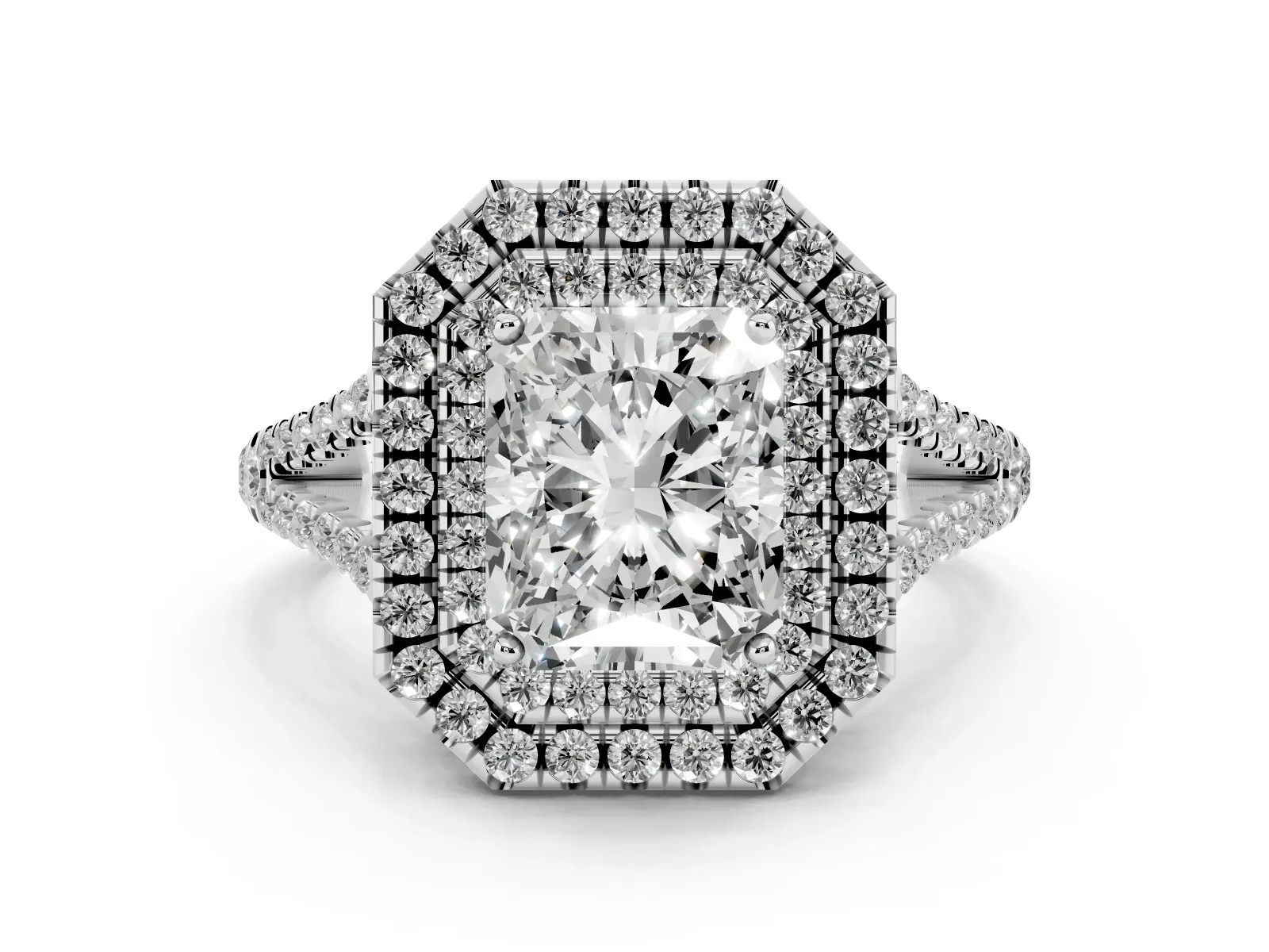 Radiant Cut Diamond Double Halo Ring with Pavé Band and Prong Setting Platinum