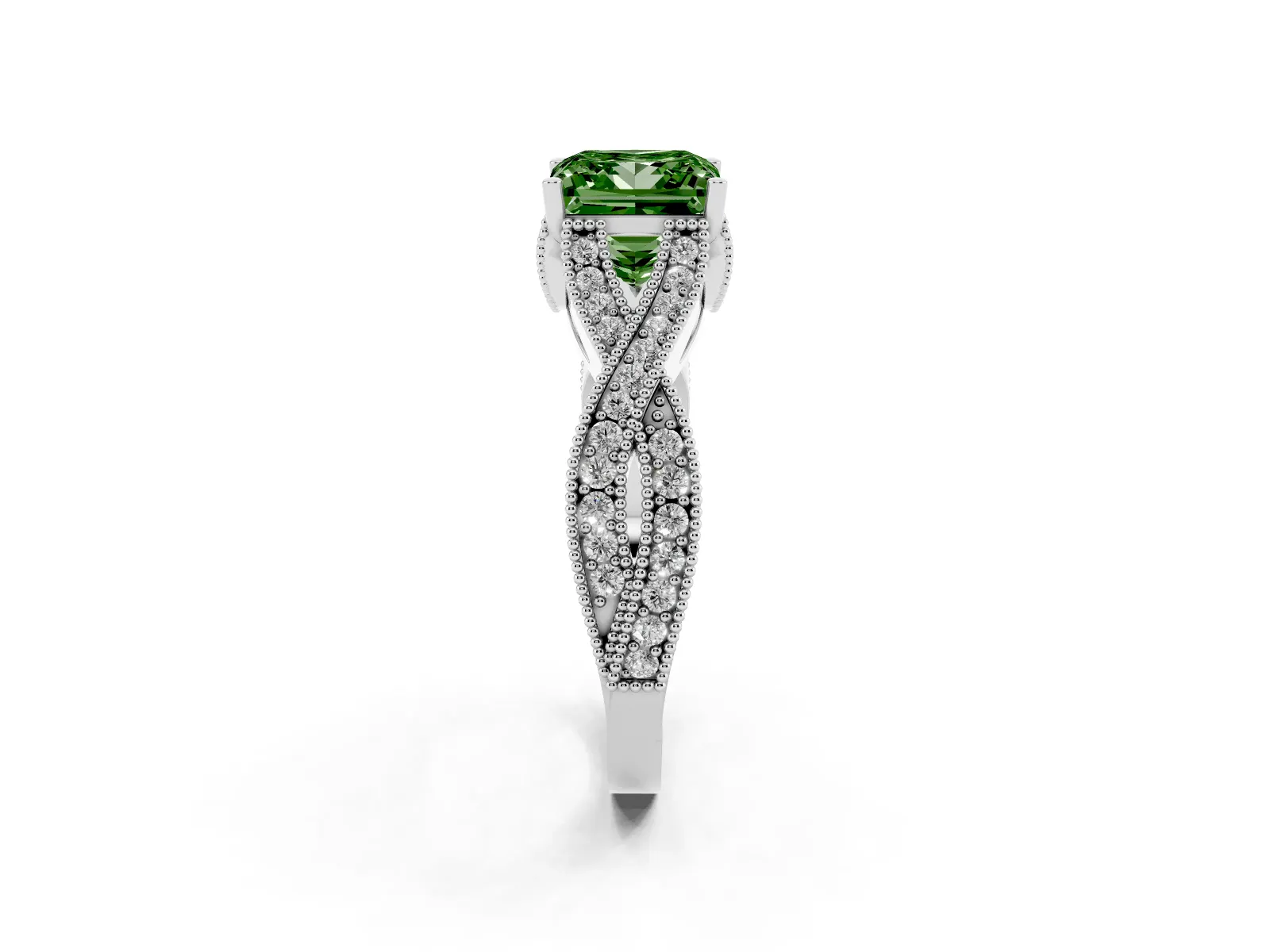 Fancy Green Princess Cut Cut Diamond Twisted Band with Milgrain Pave Setting and Four-Prong Setting Platinum