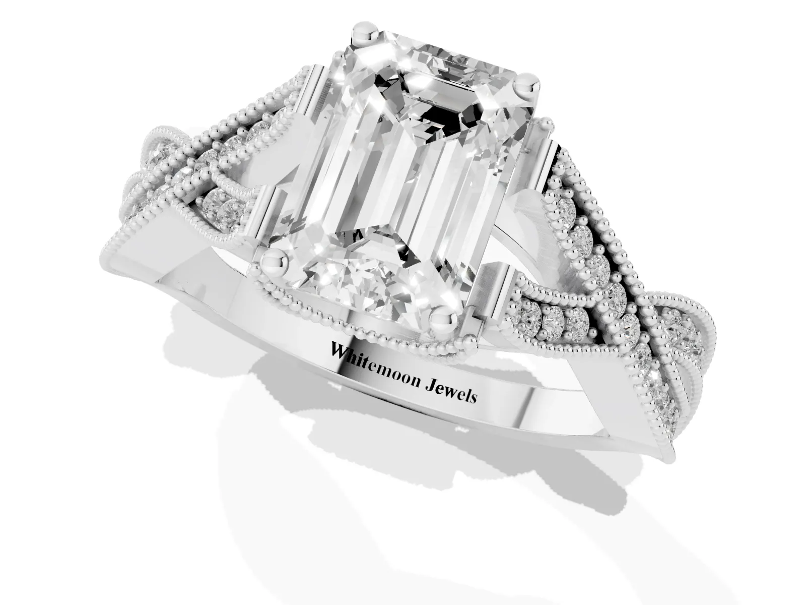 Emerald Cut Cut Diamond Twisted Band with Milgrain Pave Setting and Four-Prong Setting Platinum
