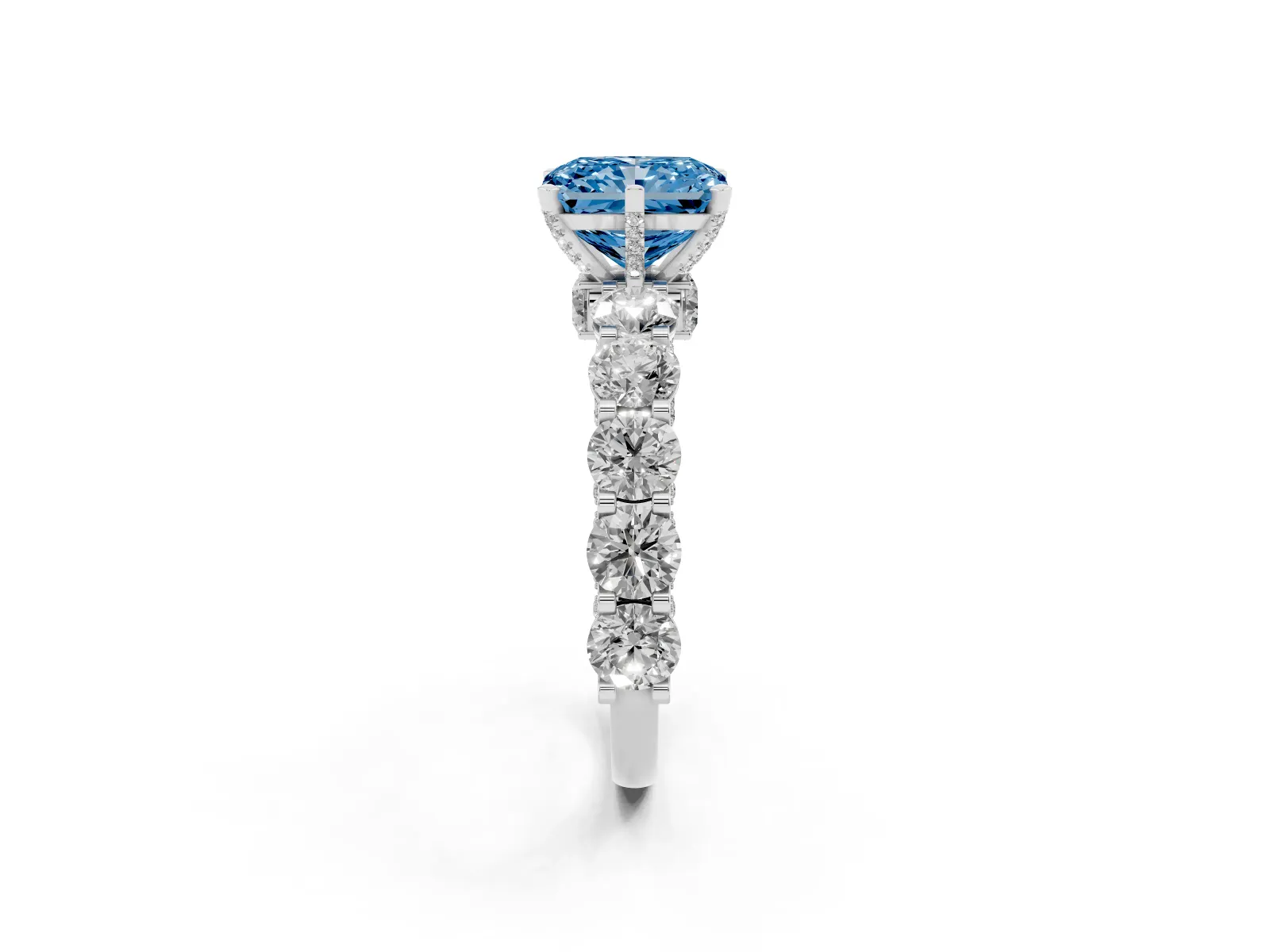 Fancy Blue Radiant Cut Diamond Side Stone Engagement Ring with Four-Prong Setting Platinum