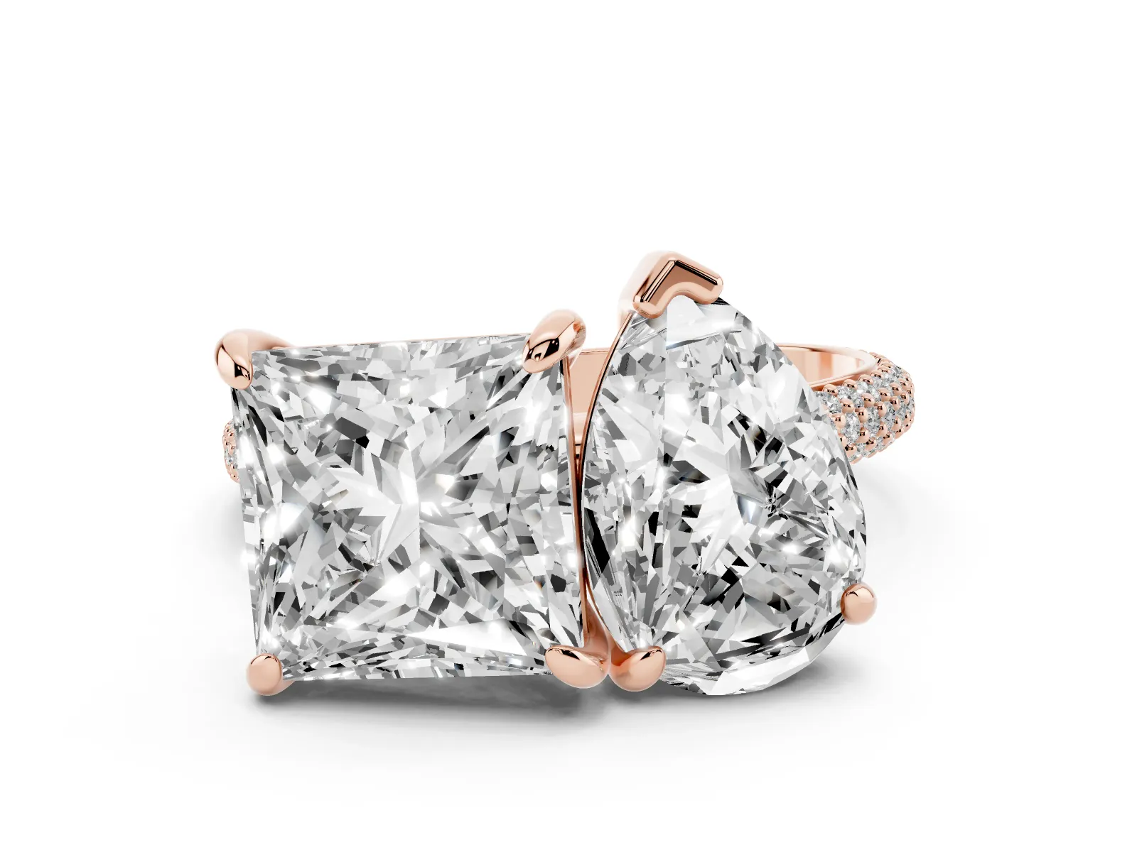 Pear and Princess Toi Moi Ring with Prong Setting and Pave Band Rose gold