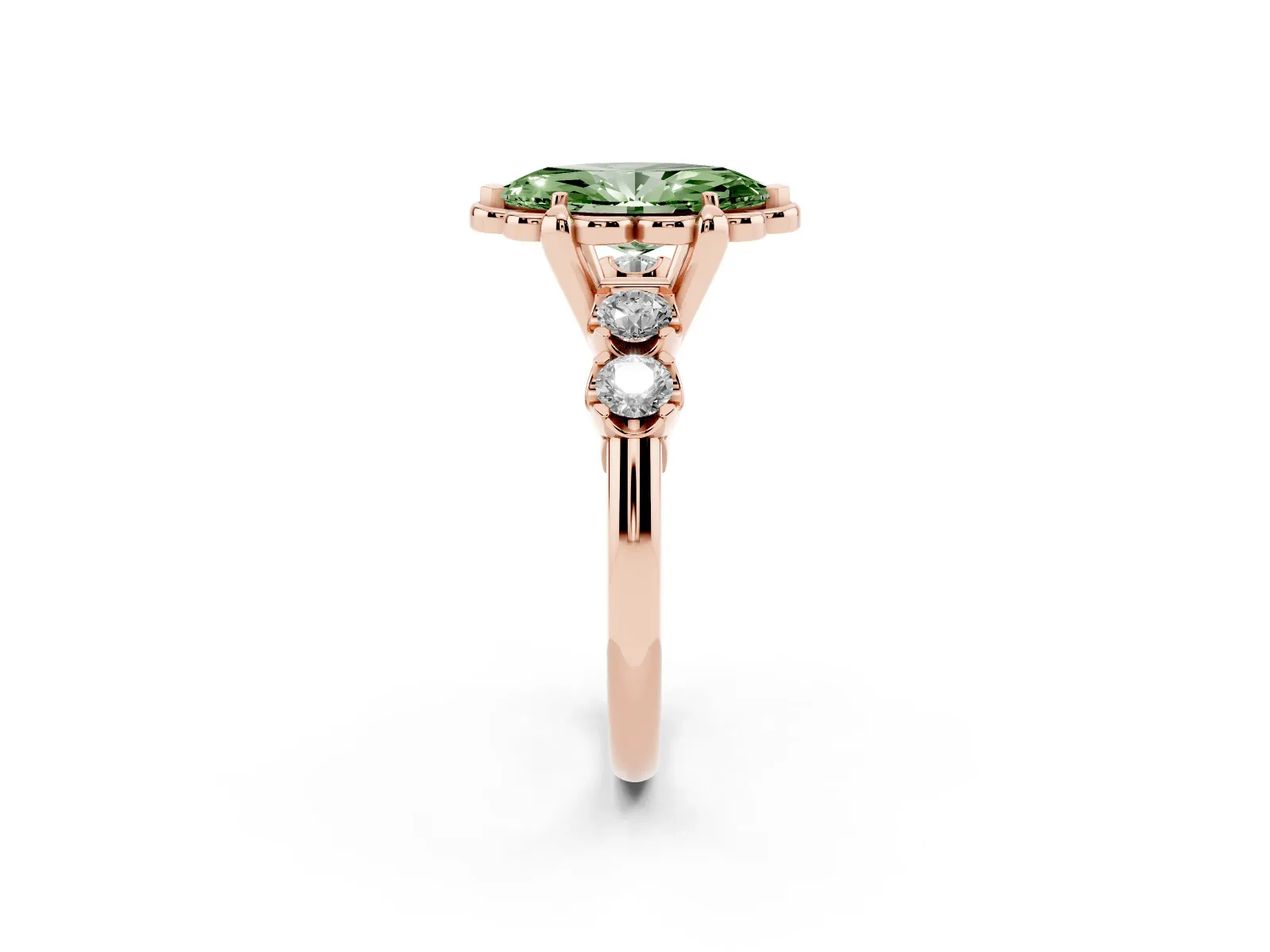 Fancy Green Marquise Cut Cut Diamond Floral Halo Engagement Ring with Shared Prong Setting Rose gold