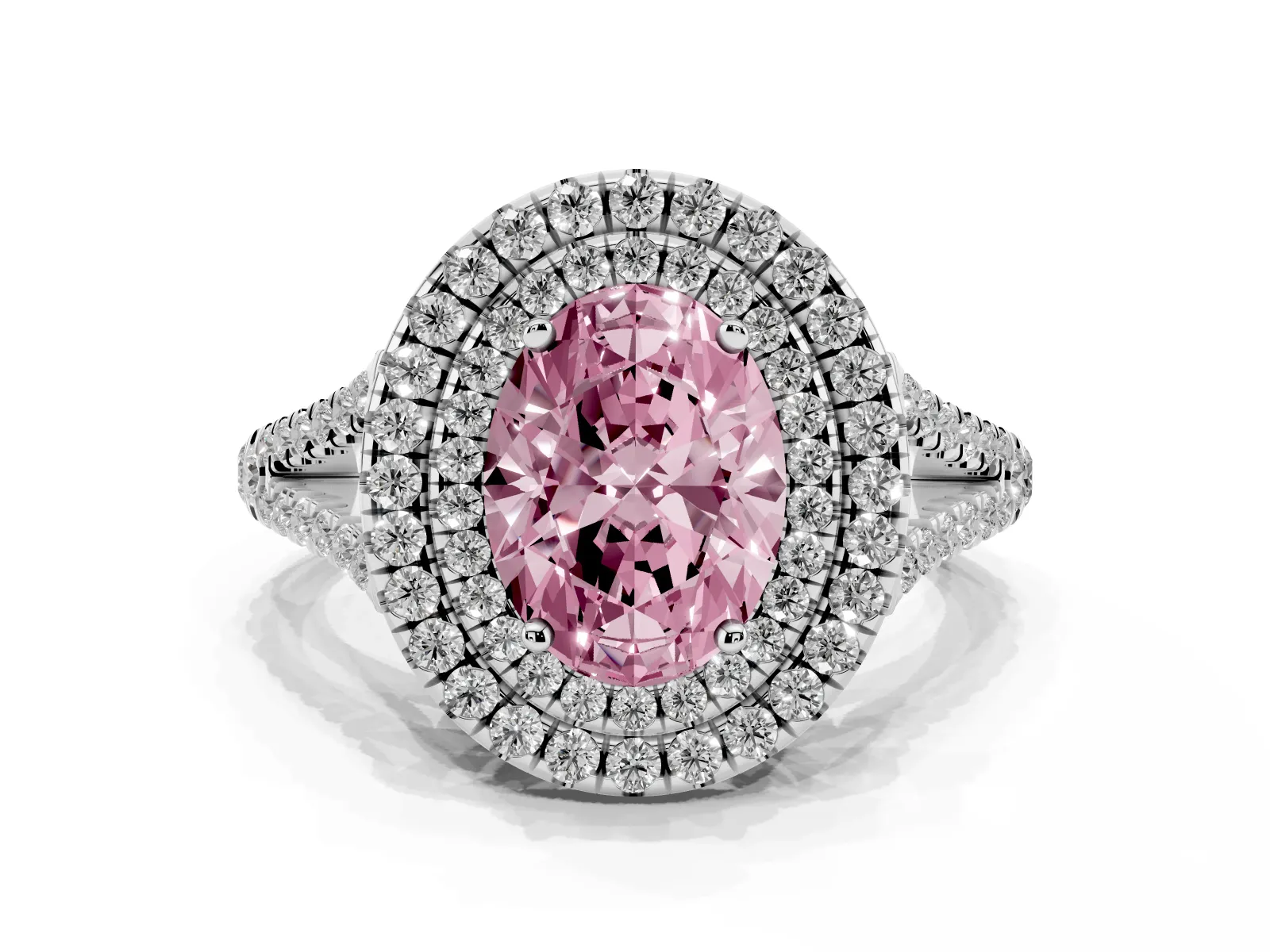 Fancy Pink Oval Cut Diamond Double Halo Ring with Pavé Band and Prong Setting Platinum