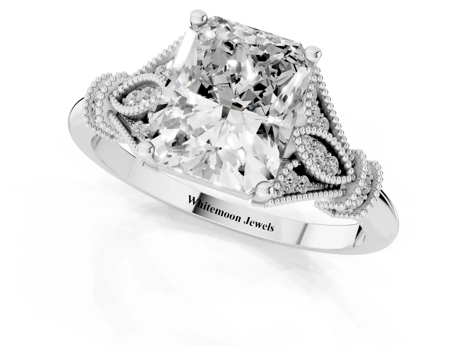 Radiant Cut Diamond Solitaire Ring with Floral Filigree and Pave Accents Platinum