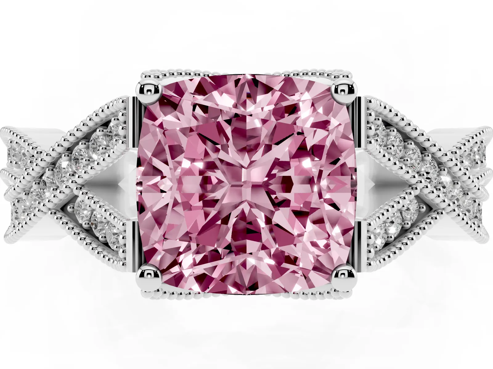 Fancy Pink Cushion Cut Cut Diamond Twisted Band with Milgrain Pave Setting and Four-Prong Setting Platinum