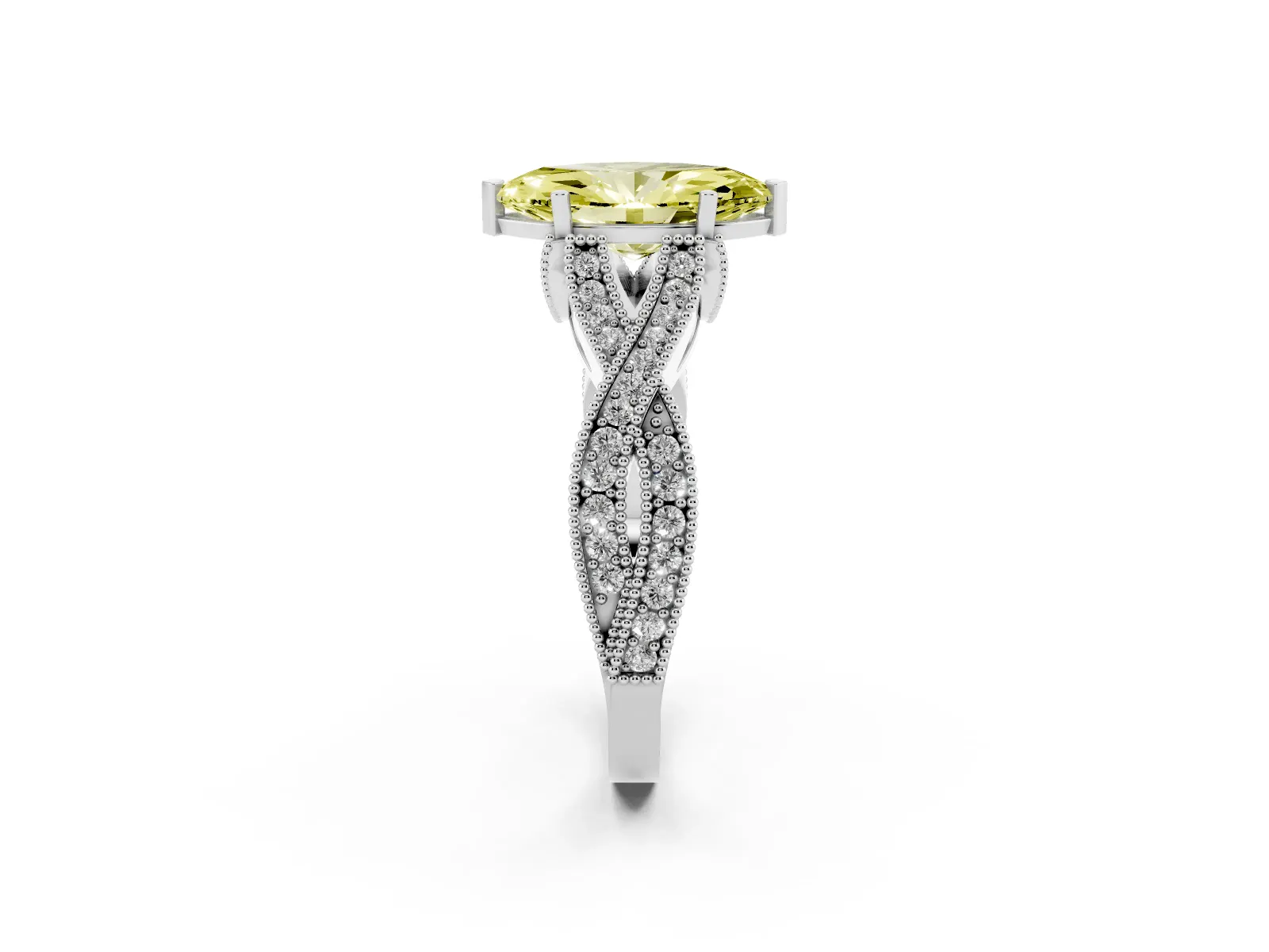 Fancy Yellow Marquise Cut Cut Diamond Twisted Band with Milgrain Pave Setting and Four-Prong Setting Platinum