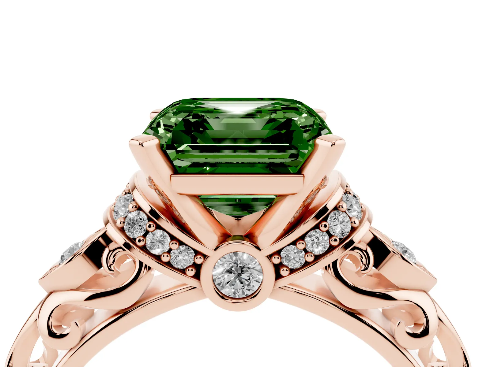 Fancy Green Asscher Cut Diamond Solitaire Ring with Filigree Band and Four-Prong Setting Rose gold