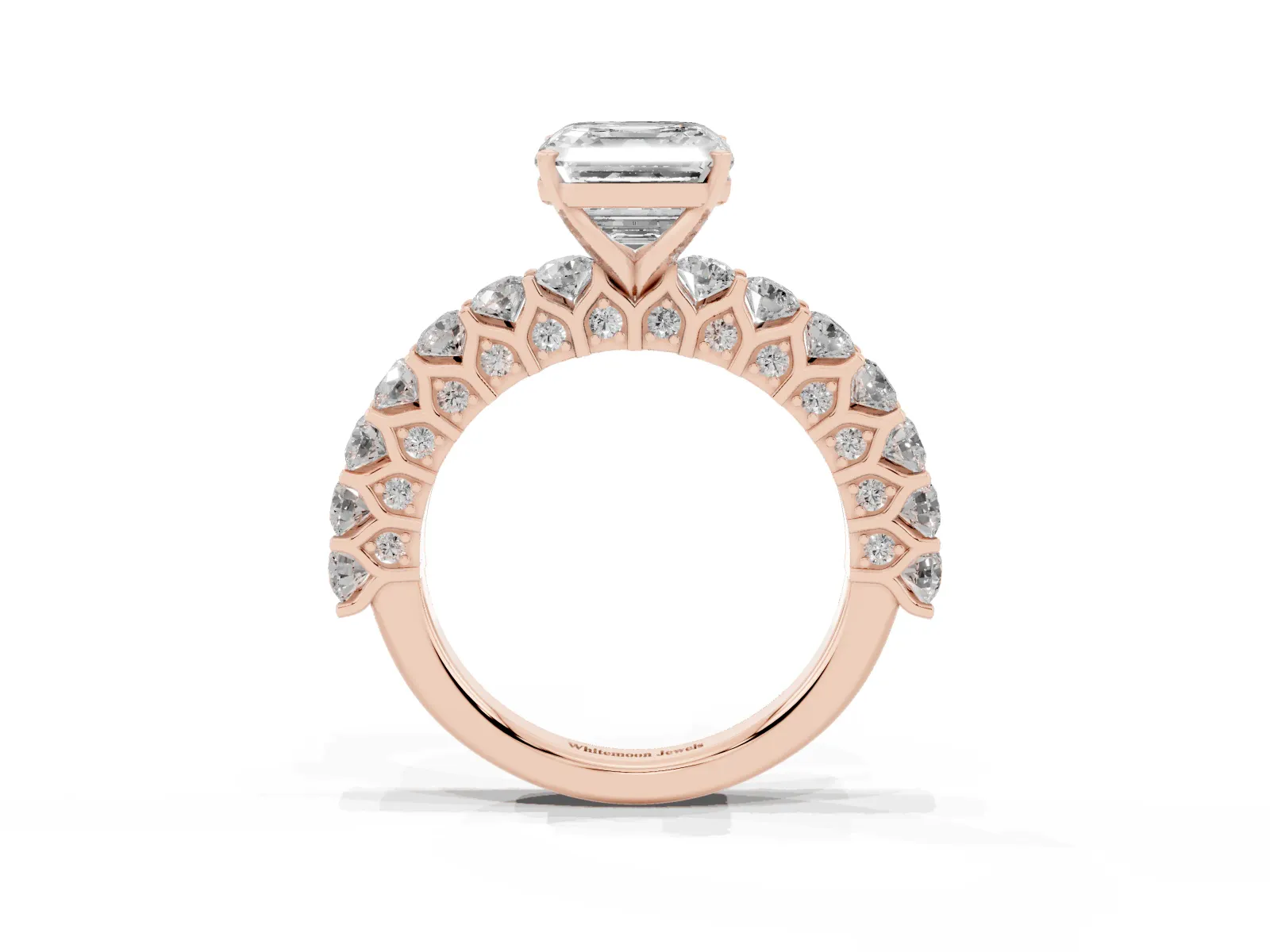 Asscher Cut Diamond Solitaire Ring with Shared Prong Pavé Band and Four-Prong Setting Rose gold